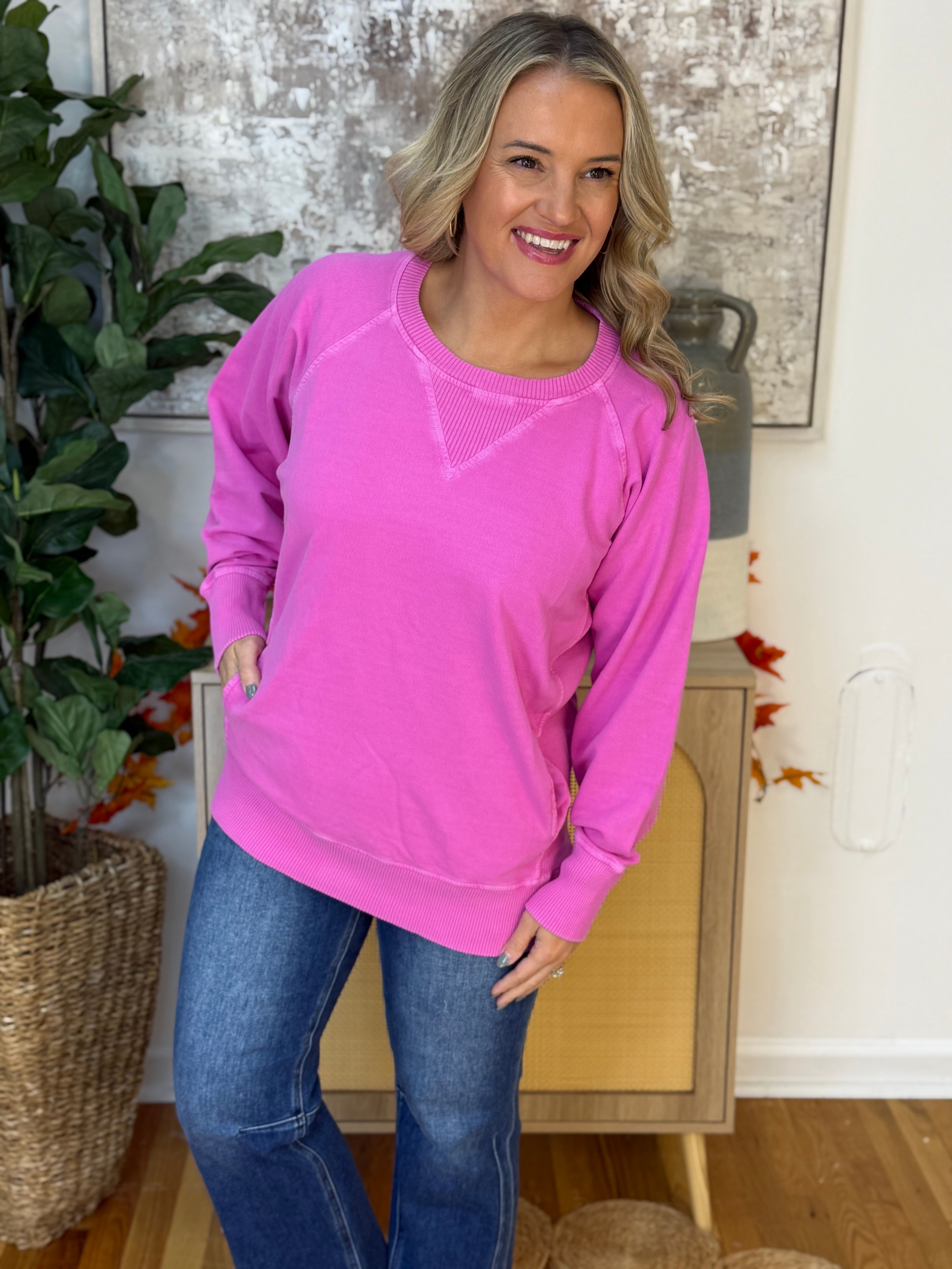 Keeping it Casual Pullover 2025 - Bright Pink-150 Sweatshirts-zenana-The Lovely Closet, Women's Fashion Boutique in Alexandria, KY
