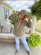 WAFFLE KNIT PLAID DETAIL HOODED PULLOVER-110 Long Sleeve Top-Doe and Rae-The Lovely Closet, Women's Fashion Boutique in Alexandria, KY