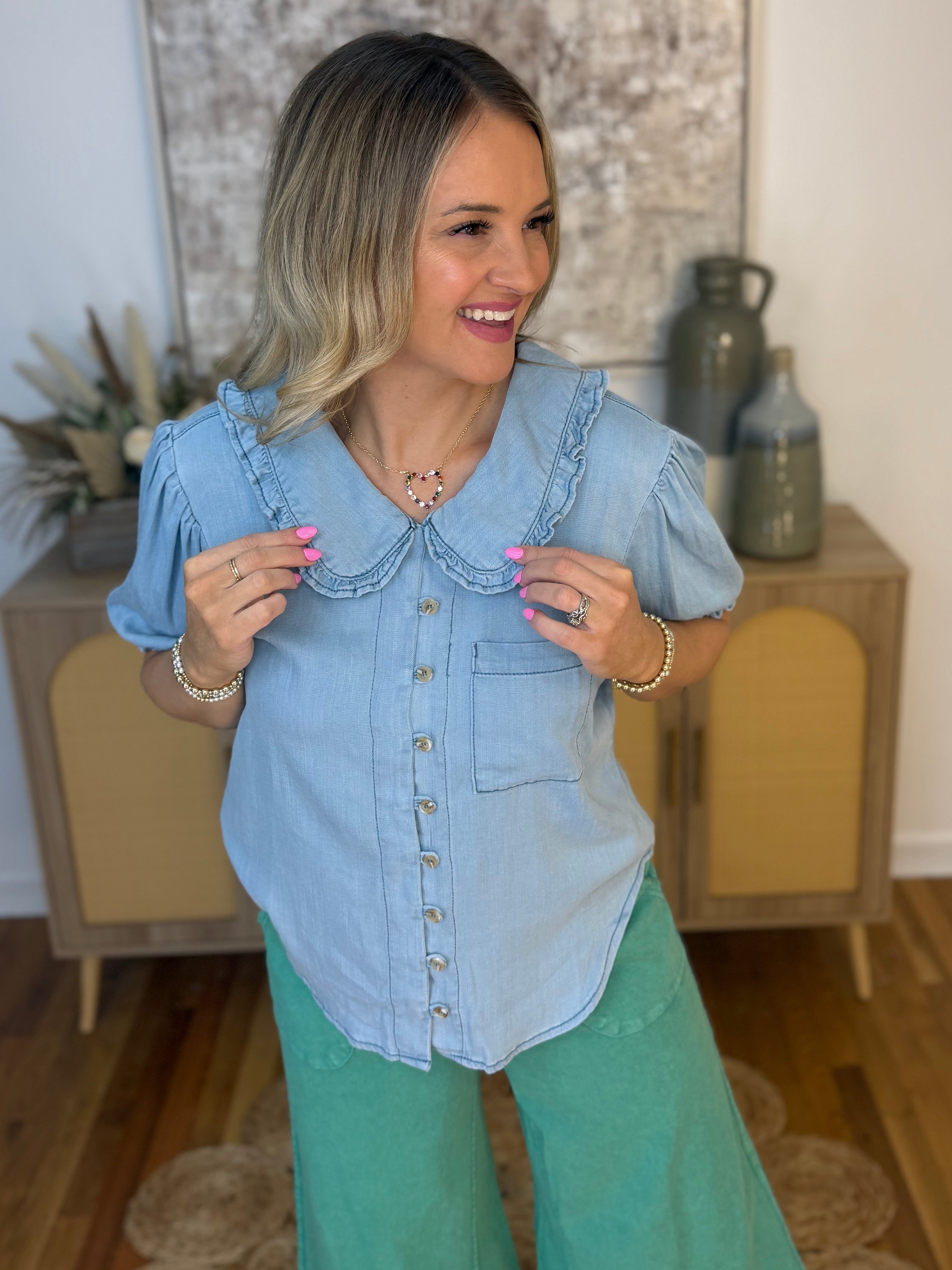 Chase the Sun Chambray Button Down Top-100 Short Sleeve Tops-easel-The Lovely Closet, Women's Fashion Boutique in Alexandria, KY