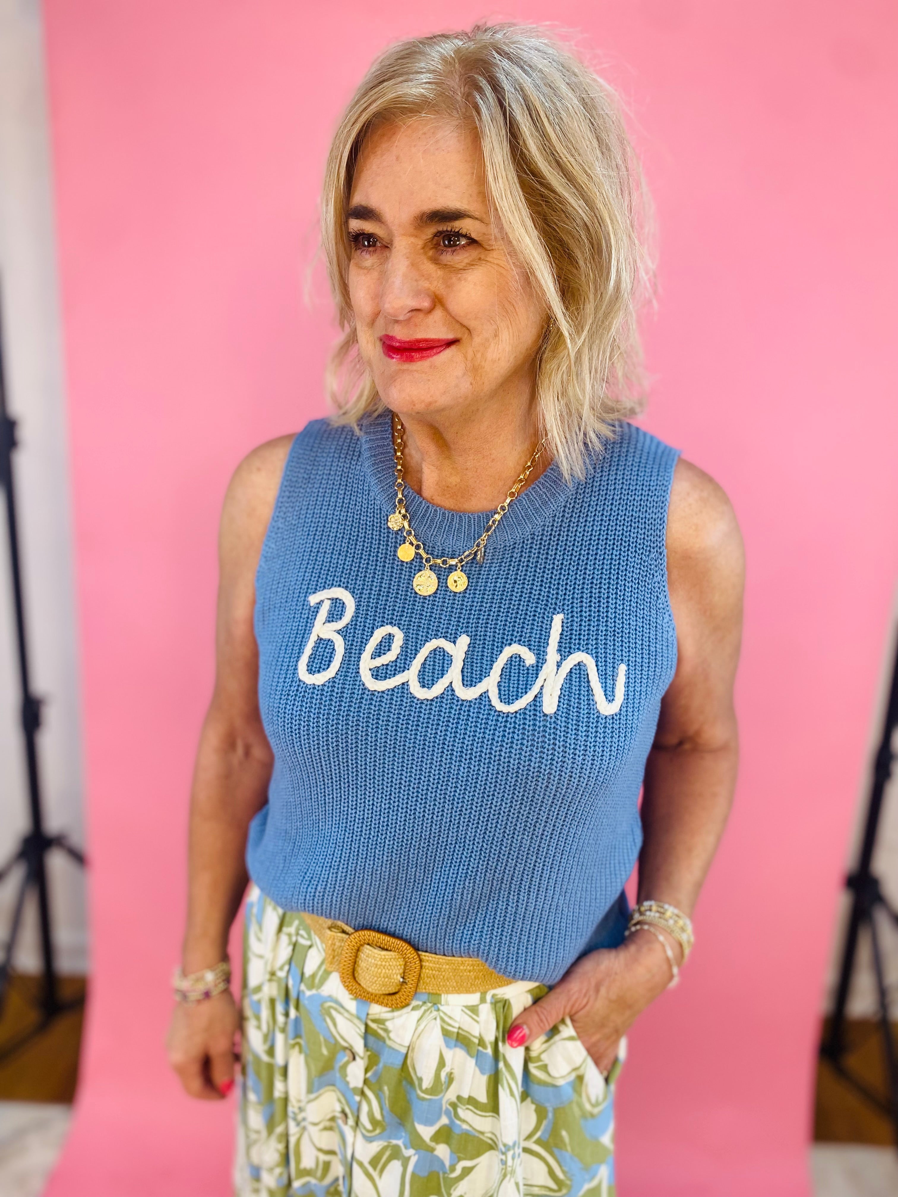 To The Beach! Tank - Blue-120 Sleeveless Tops-Doe and Rae-The Lovely Closet, Women's Fashion Boutique in Alexandria, KY
