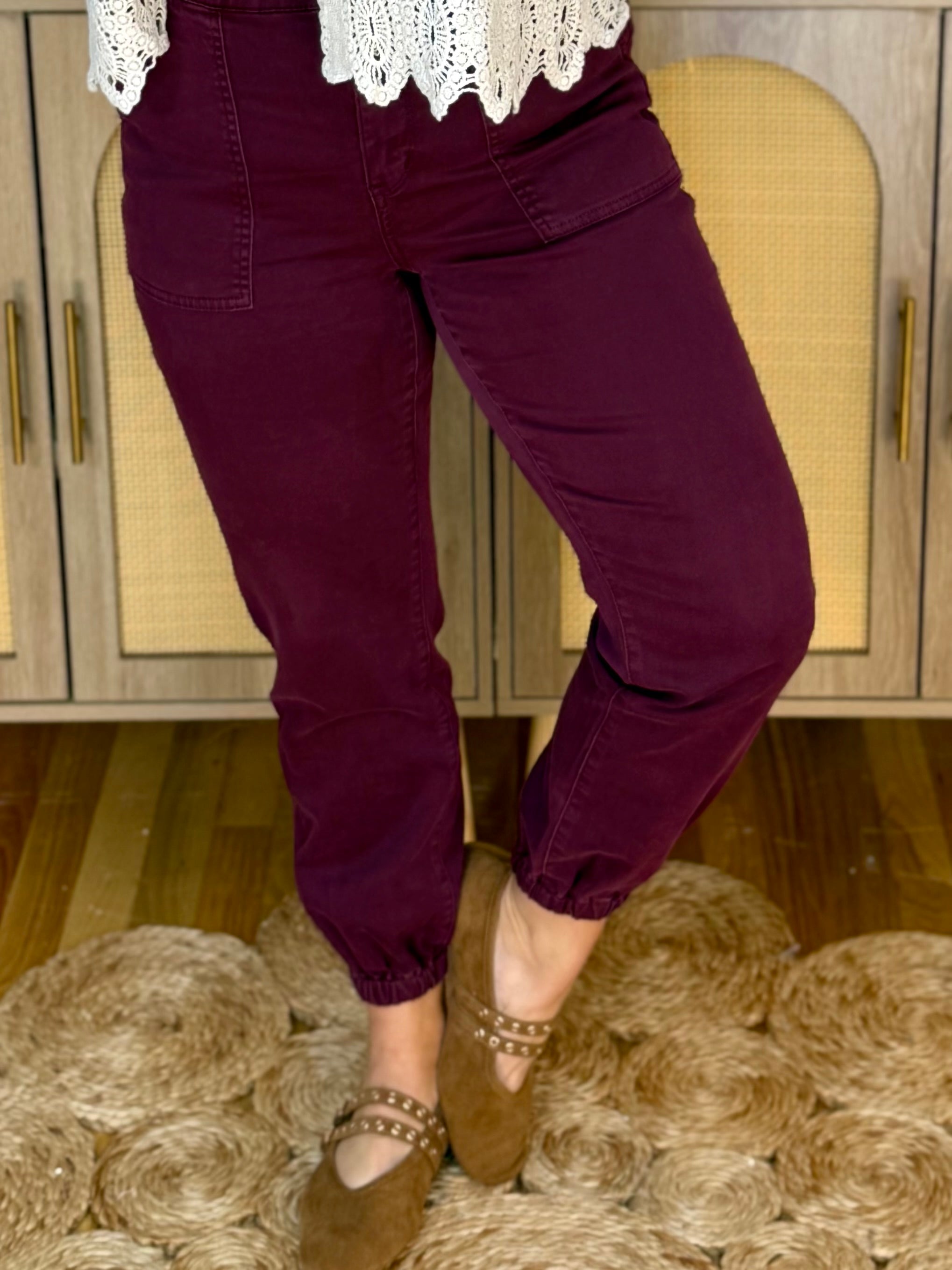 Mica Jogger Pants - Wine-220 Joggers/Leggings-Mica Denim-The Lovely Closet, Women's Fashion Boutique in Alexandria, KY