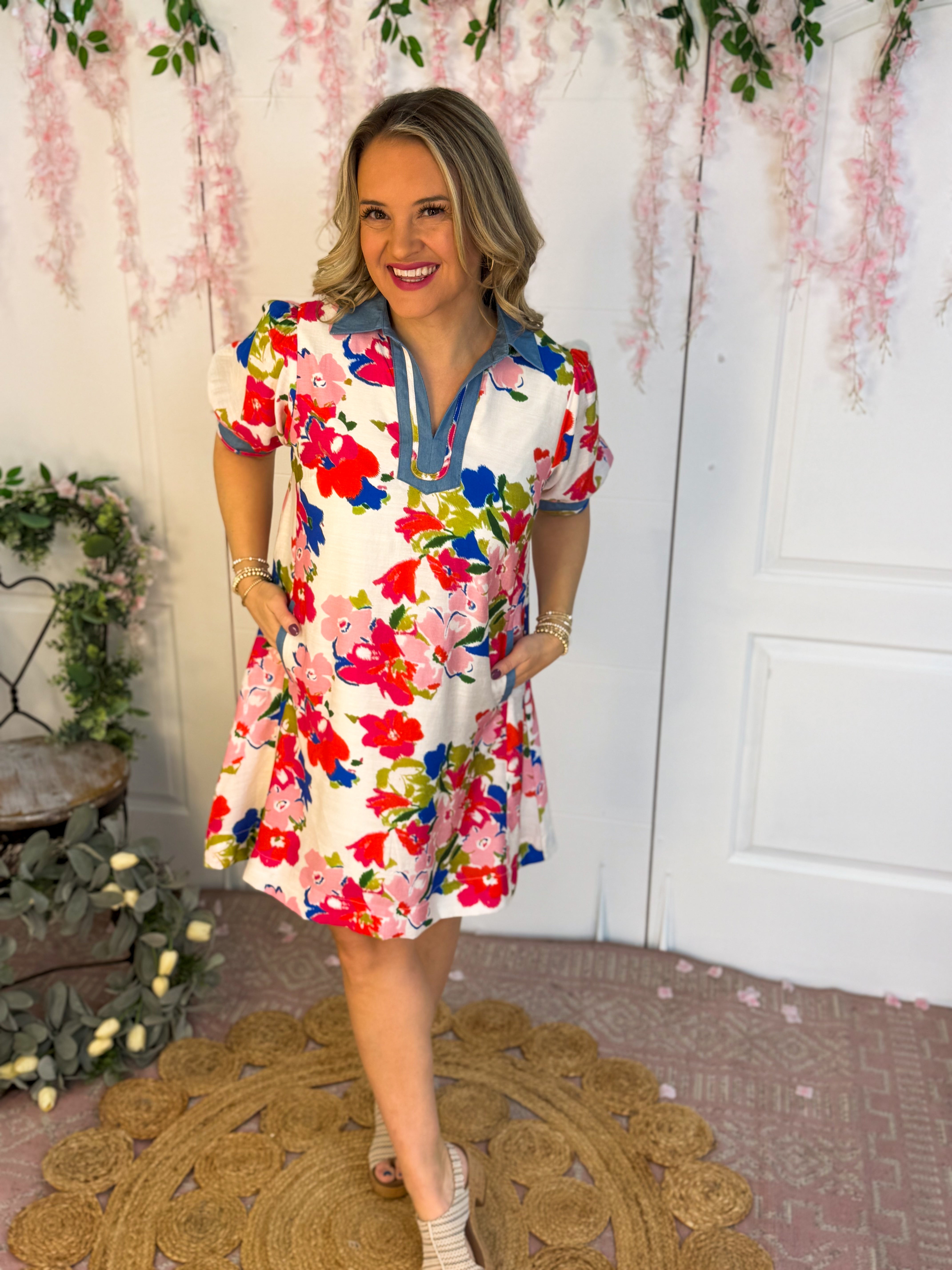 Vibrant Floral Print Dress-180 Dresses-Umgee-The Lovely Closet, Women's Fashion Boutique in Alexandria, KY