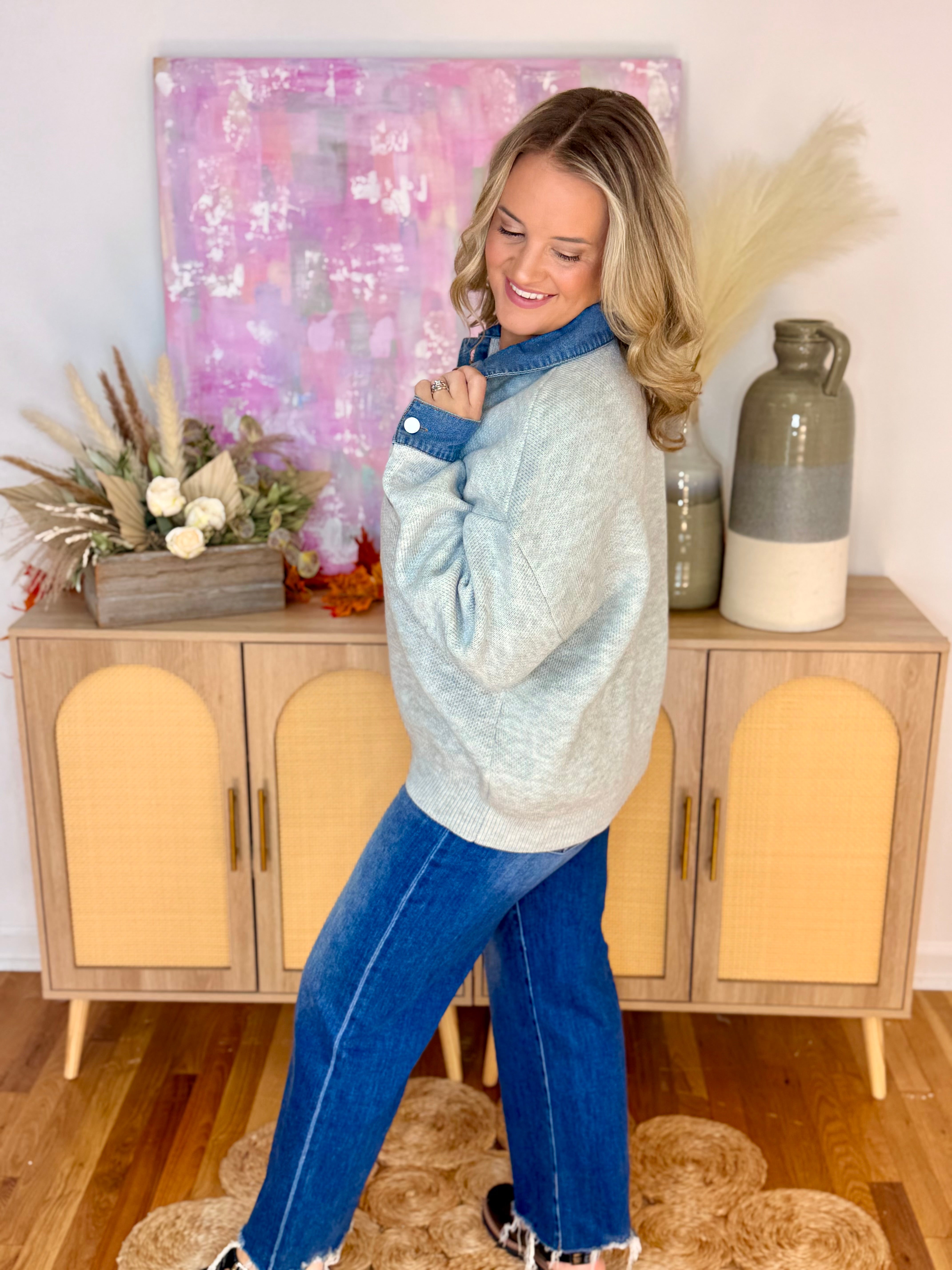 The Denim Detail Pullover-110 Long Sleeve Top-Haptics-The Lovely Closet, Women's Fashion Boutique in Alexandria, KY