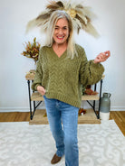 FINAL SALE V-Neck Cable Knit Sweater V-Neck - Olive-140 Sweaters-POL-The Lovely Closet, Women's Fashion Boutique in Alexandria, KY