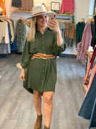 Airflow 3/4 Sleeve Buttoned Shirt Mini Dress - Olive-180 Dresses-The Lovely Closet-The Lovely Closet, Women's Fashion Boutique in Alexandria, KY