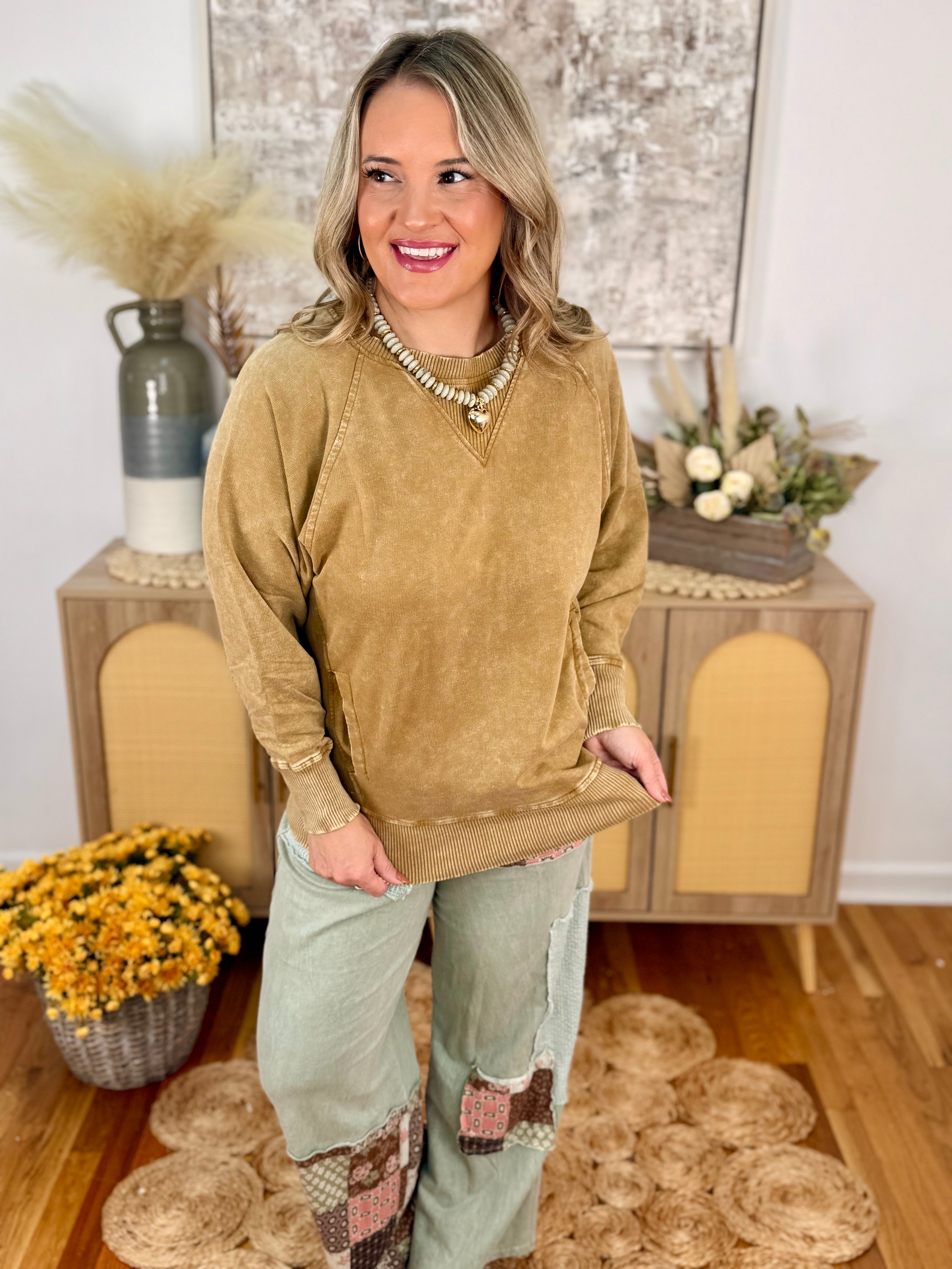 Run Around Acid Wash Pullover - Camel-150 Sweatshirts-The Lovely Closet-The Lovely Closet, Women's Fashion Boutique in Alexandria, KY