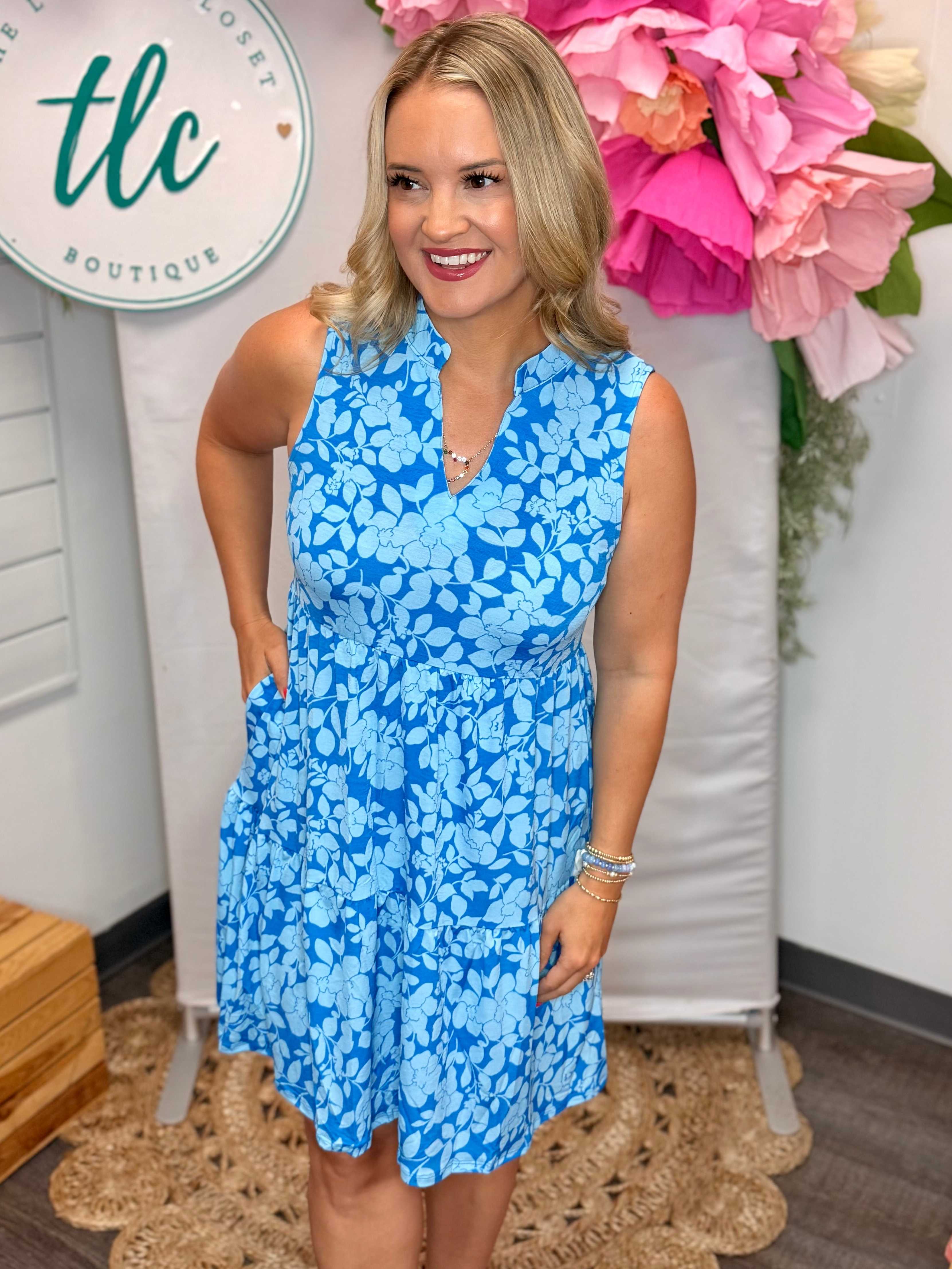 Coastal Blue Floral Lizzy Dress-180 Dresses-Dear Scarlett-The Lovely Closet, Women's Fashion Boutique in Alexandria, KY
