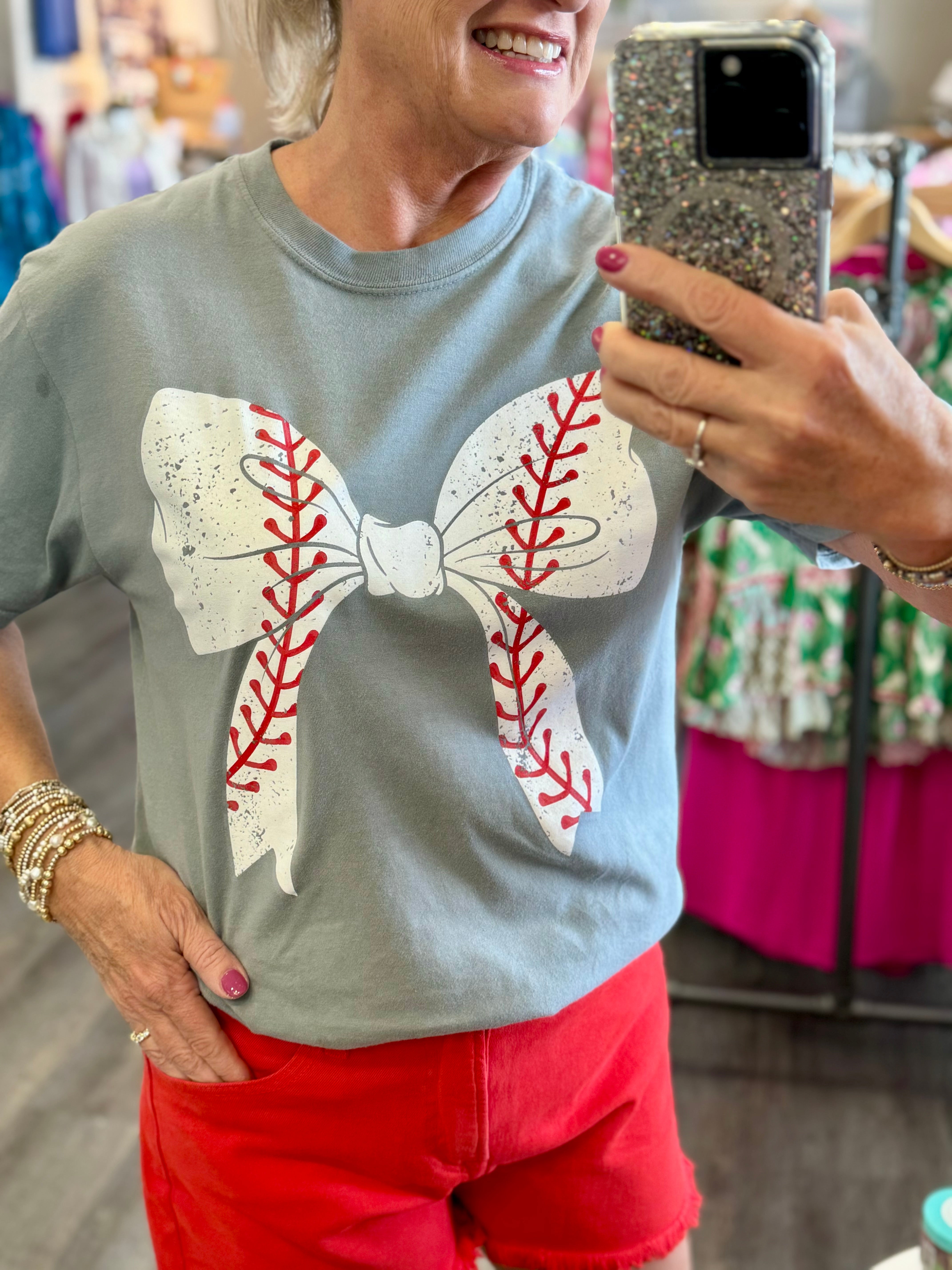 Baseball Bow Graphic T-Graphic T's-The Lovely Closet-The Lovely Closet, Women's Fashion Boutique in Alexandria, KY