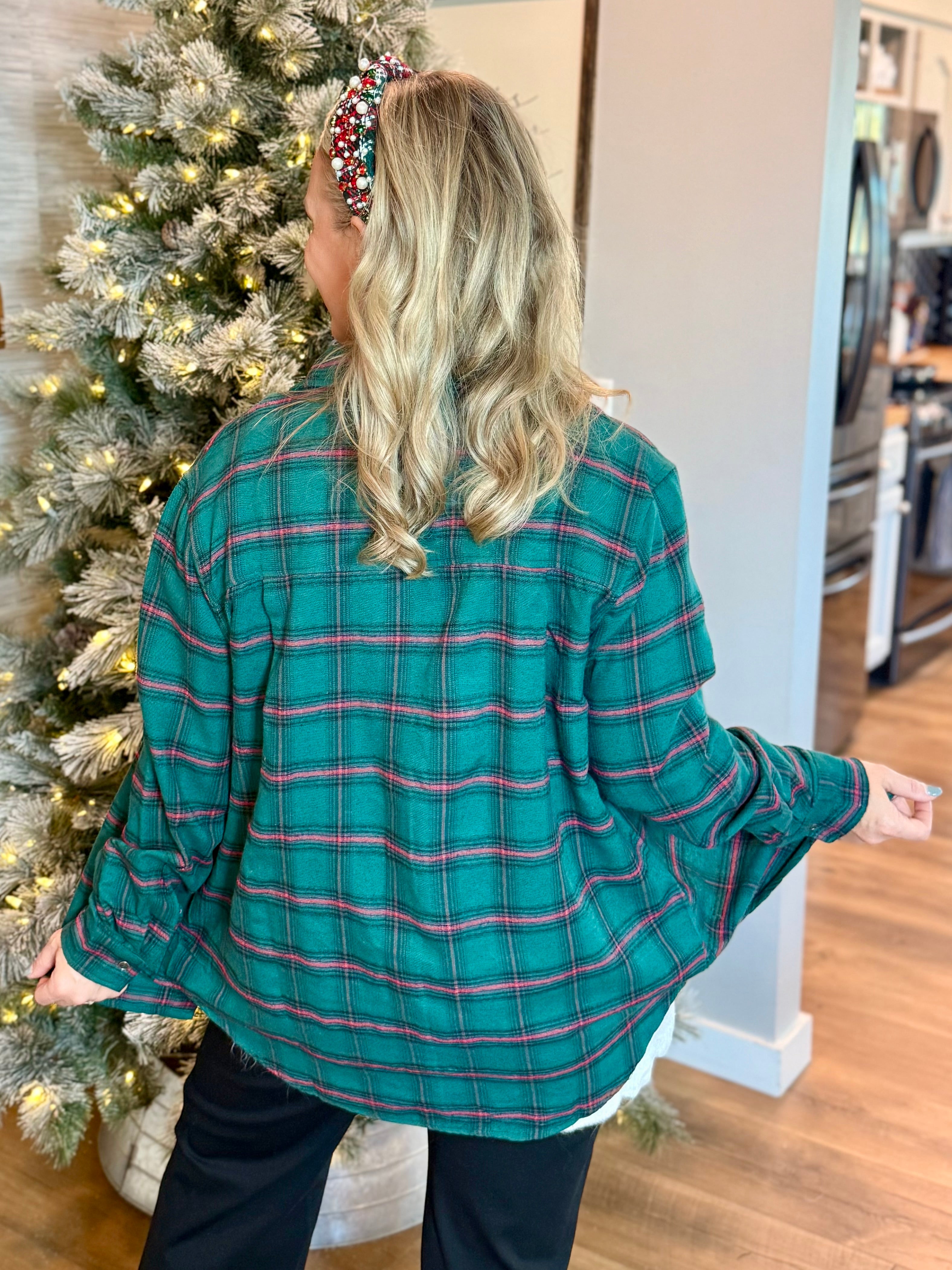 Button Down Plaid Shirt - Green-110 Long Sleeve Top-La Miel-The Lovely Closet, Women's Fashion Boutique in Alexandria, KY