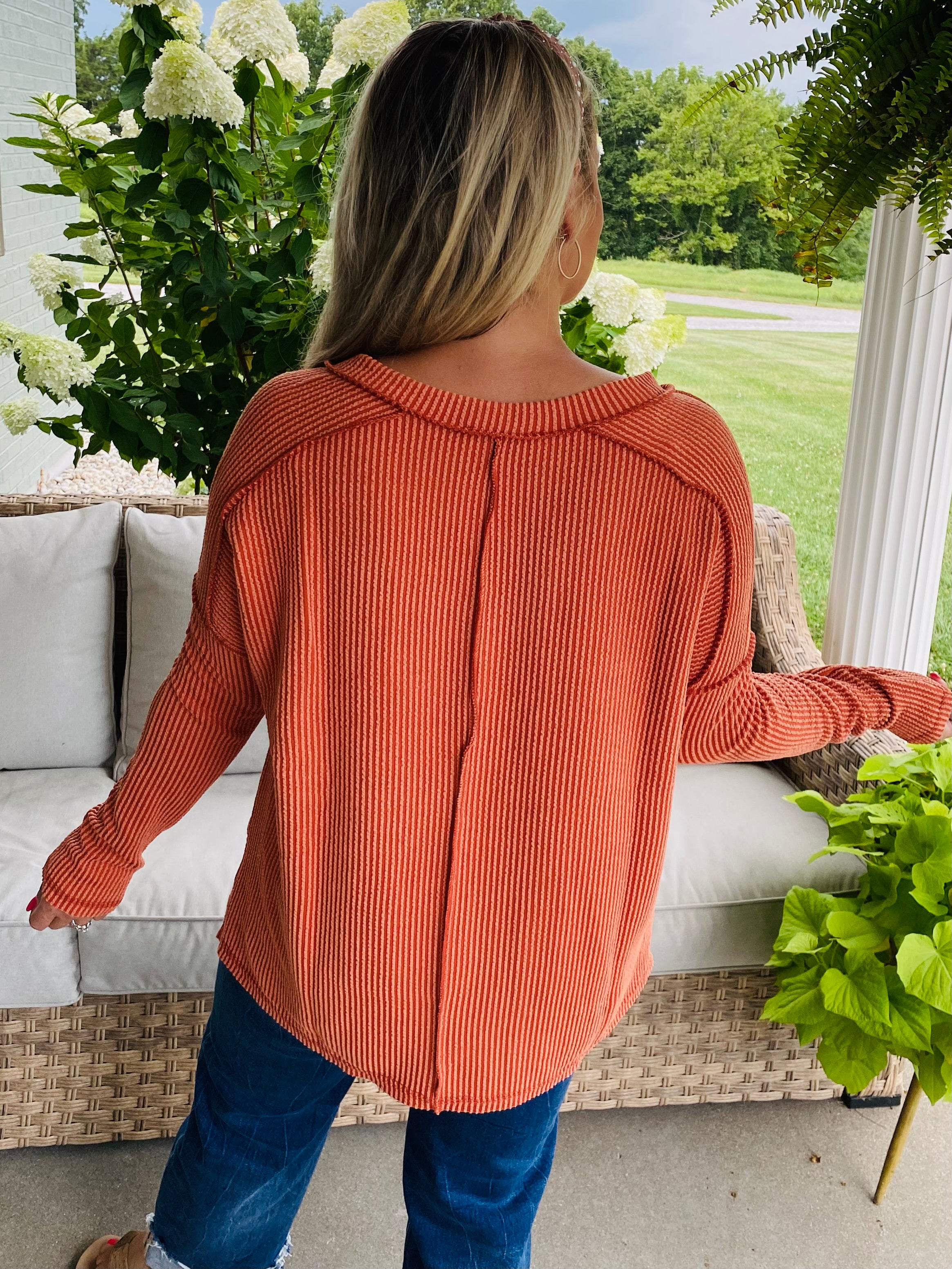 Autumn Days Ribbed Top - Pumpkin-110 Long Sleeve Top-zenana-The Lovely Closet, Women's Fashion Boutique in Alexandria, KY