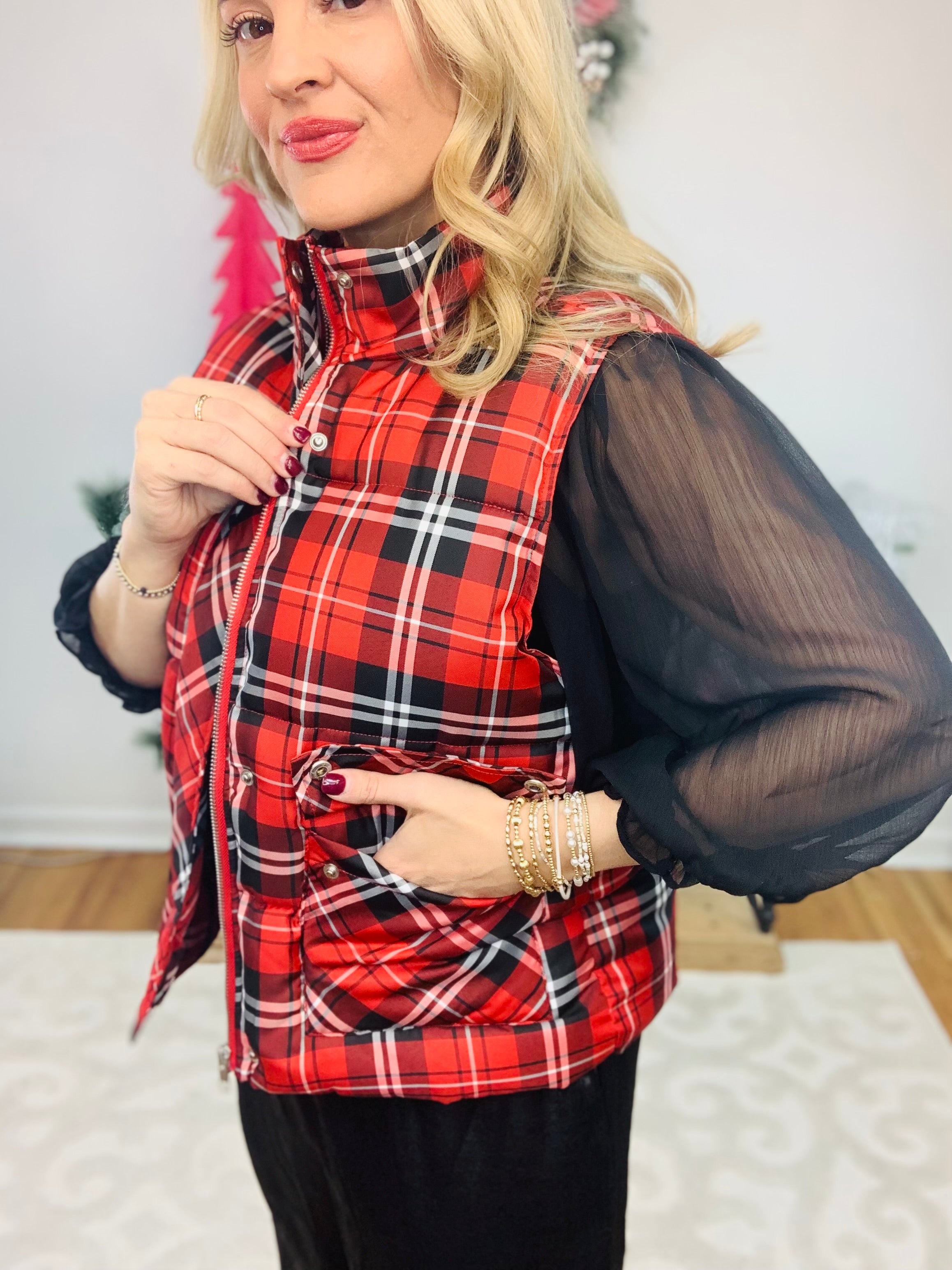 FINAL SALE - Holiday Plaid Vest - Red-170 Jackets/Outerwear-The Lovely Closet-The Lovely Closet, Women's Fashion Boutique in Alexandria, KY