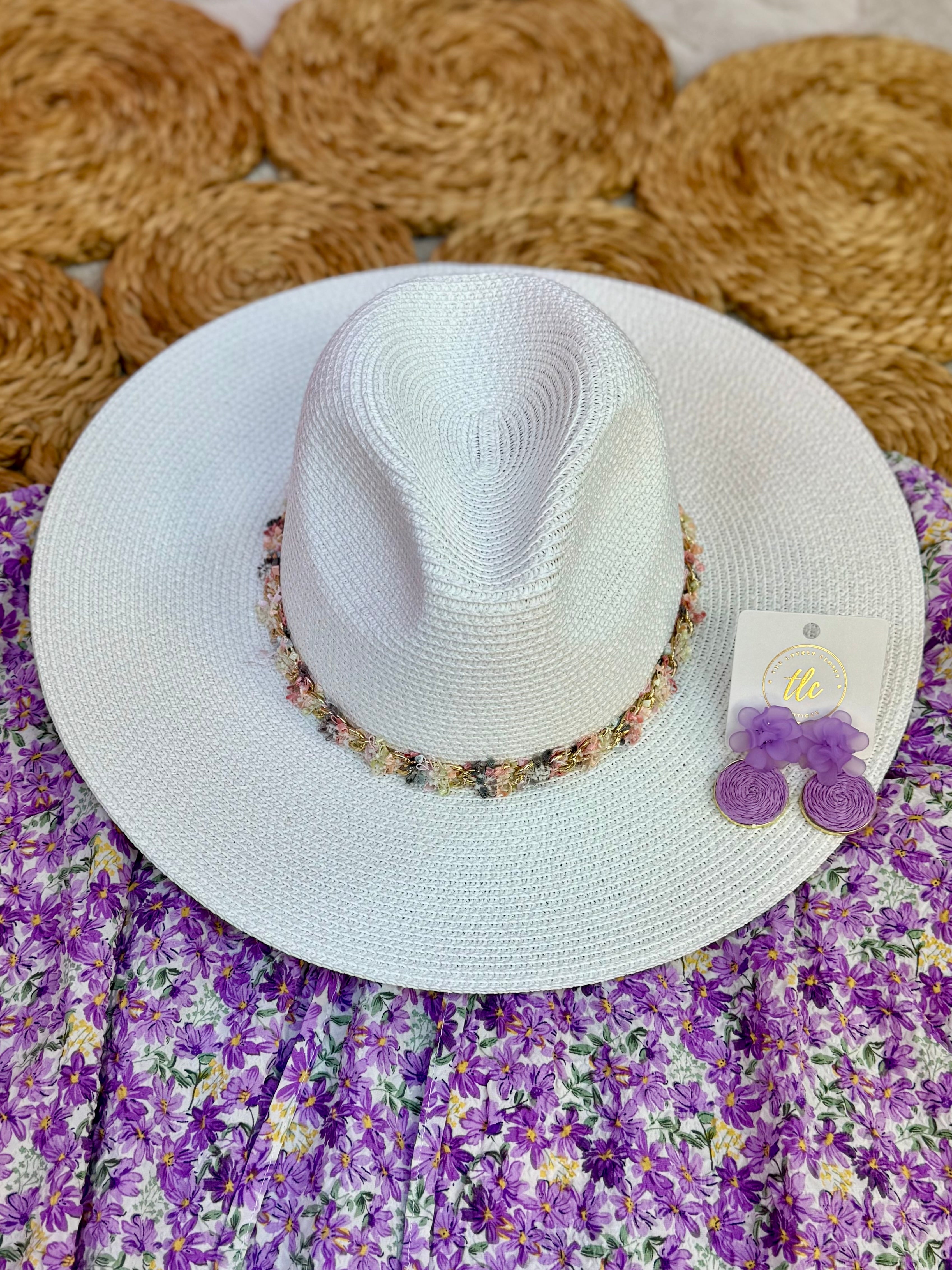 FINAL SALE - Sun Hat w/ Mixed Frayed Fabric Band - White-300 Headwear-judson-The Lovely Closet, Women's Fashion Boutique in Alexandria, KY