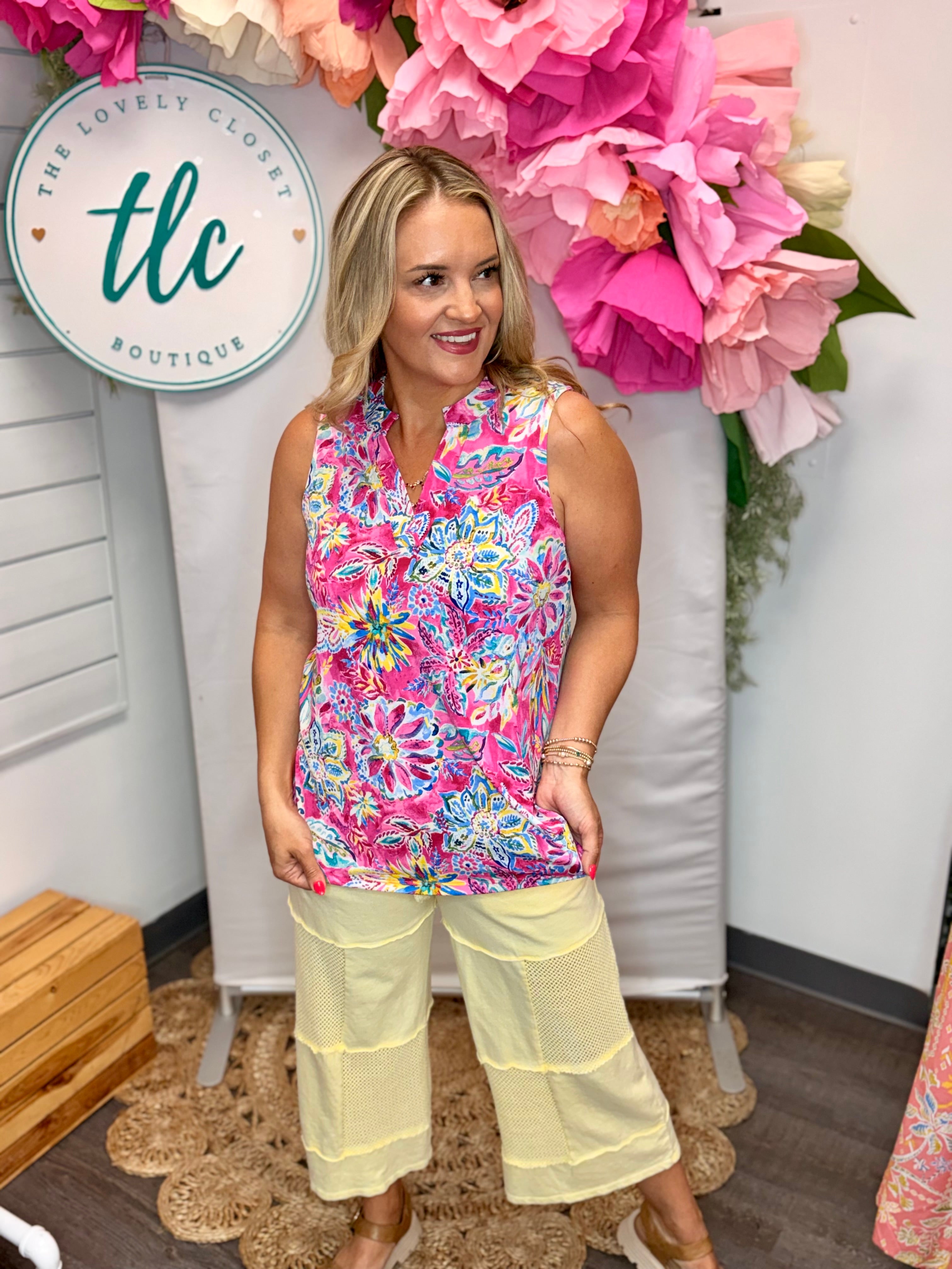 Lizzy Tank - Pink Tropic Zone-120 Sleeveless Tops-Dear Scarlett-The Lovely Closet, Women's Fashion Boutique in Alexandria, KY