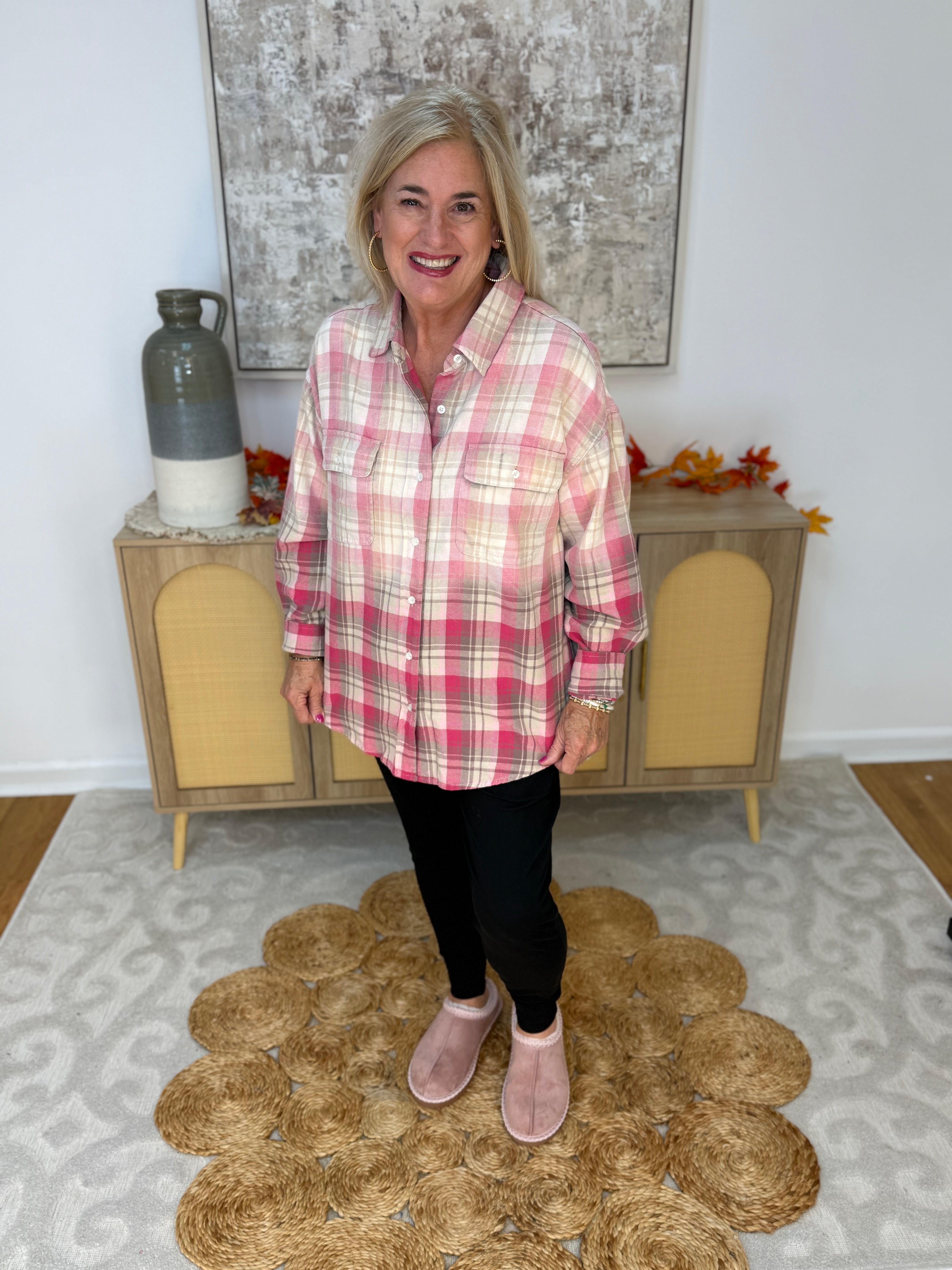 Pink Plaid Ombre Flannel Button Down-110 Long Sleeve Top-White Birch-The Lovely Closet, Women's Fashion Boutique in Alexandria, KY