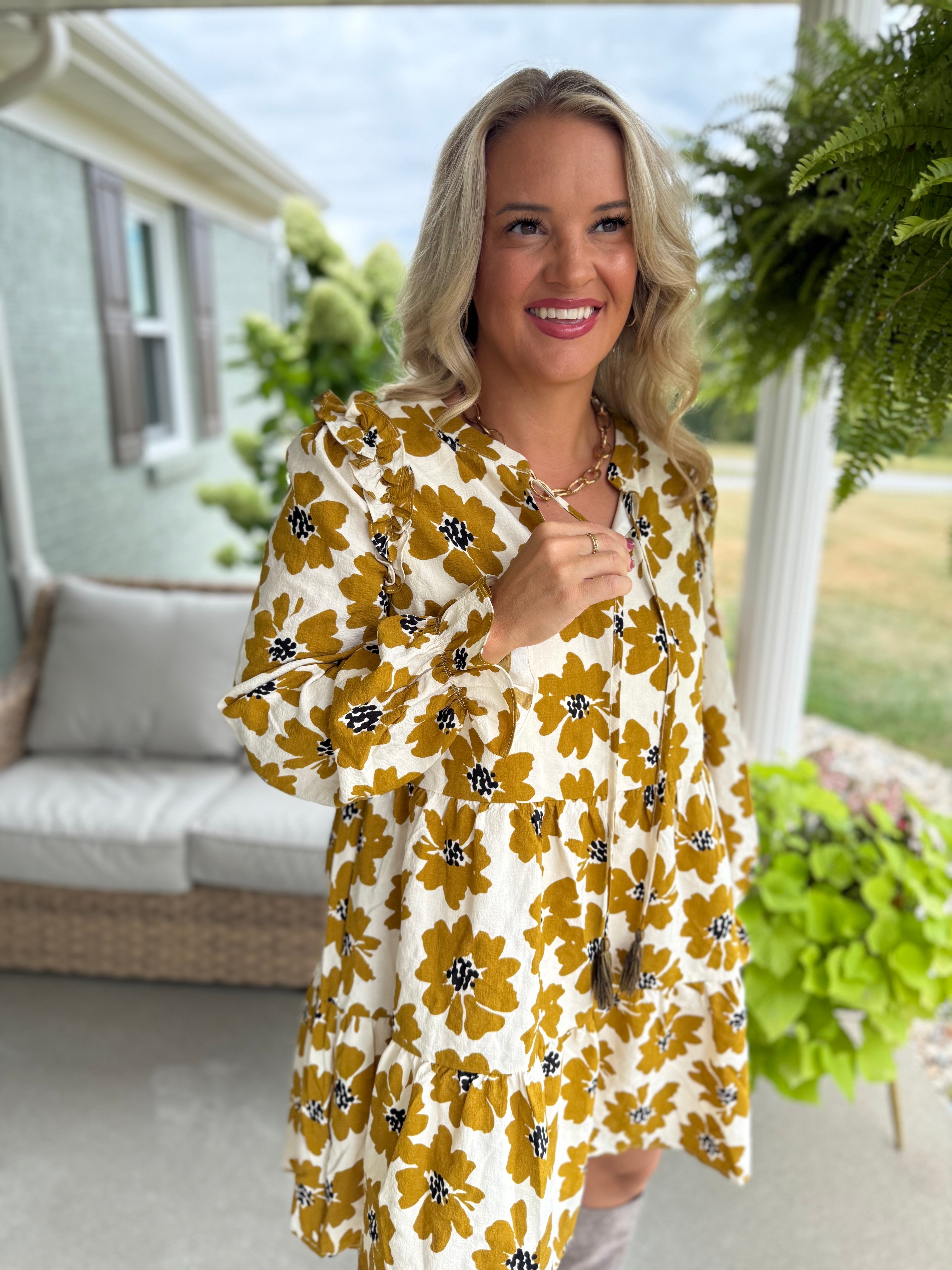 MUSTARD FLORAL FALL DRESS-180 Dresses-Doe and Rae-The Lovely Closet, Women's Fashion Boutique in Alexandria, KY
