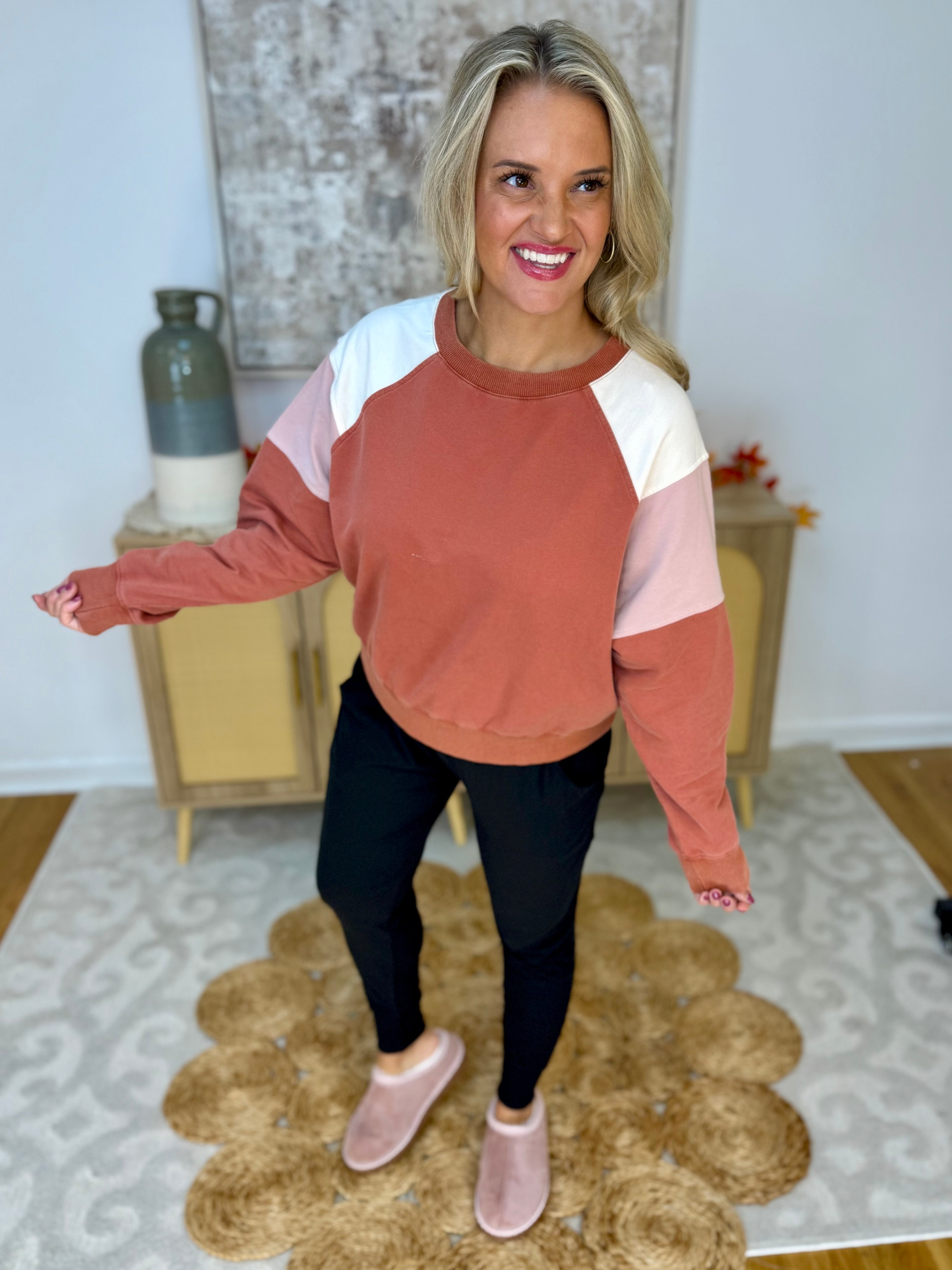 Washed Brick & Pink Pullover-110 Long Sleeve Top-White Birch-The Lovely Closet, Women's Fashion Boutique in Alexandria, KY