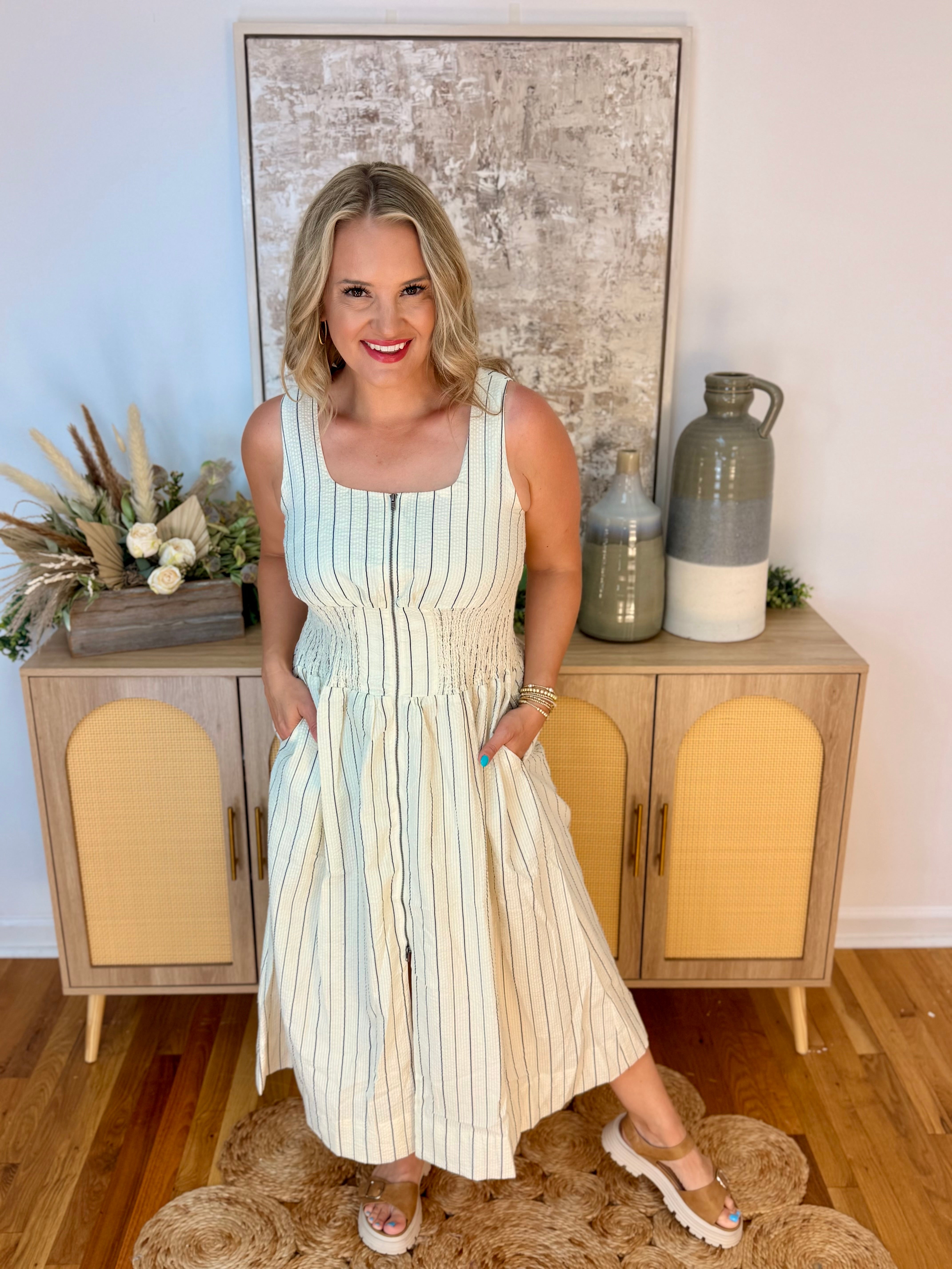 Neutral Zone Zip Front Midi Dress-180 Dresses-Doe and Rae-The Lovely Closet, Women's Fashion Boutique in Alexandria, KY