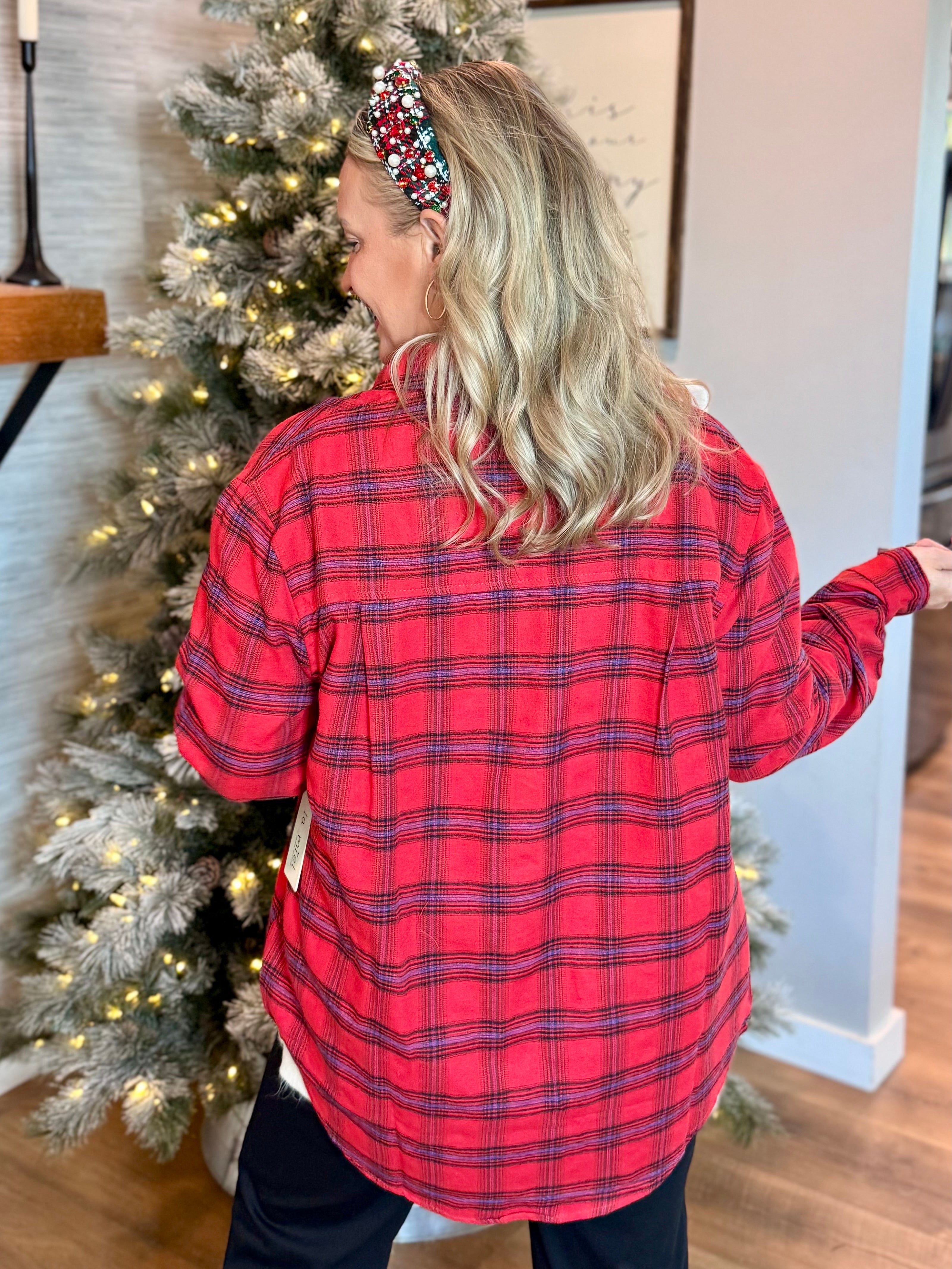 Button Down Plaid Shirt - Red-110 Long Sleeve Top-La Miel-The Lovely Closet, Women's Fashion Boutique in Alexandria, KY