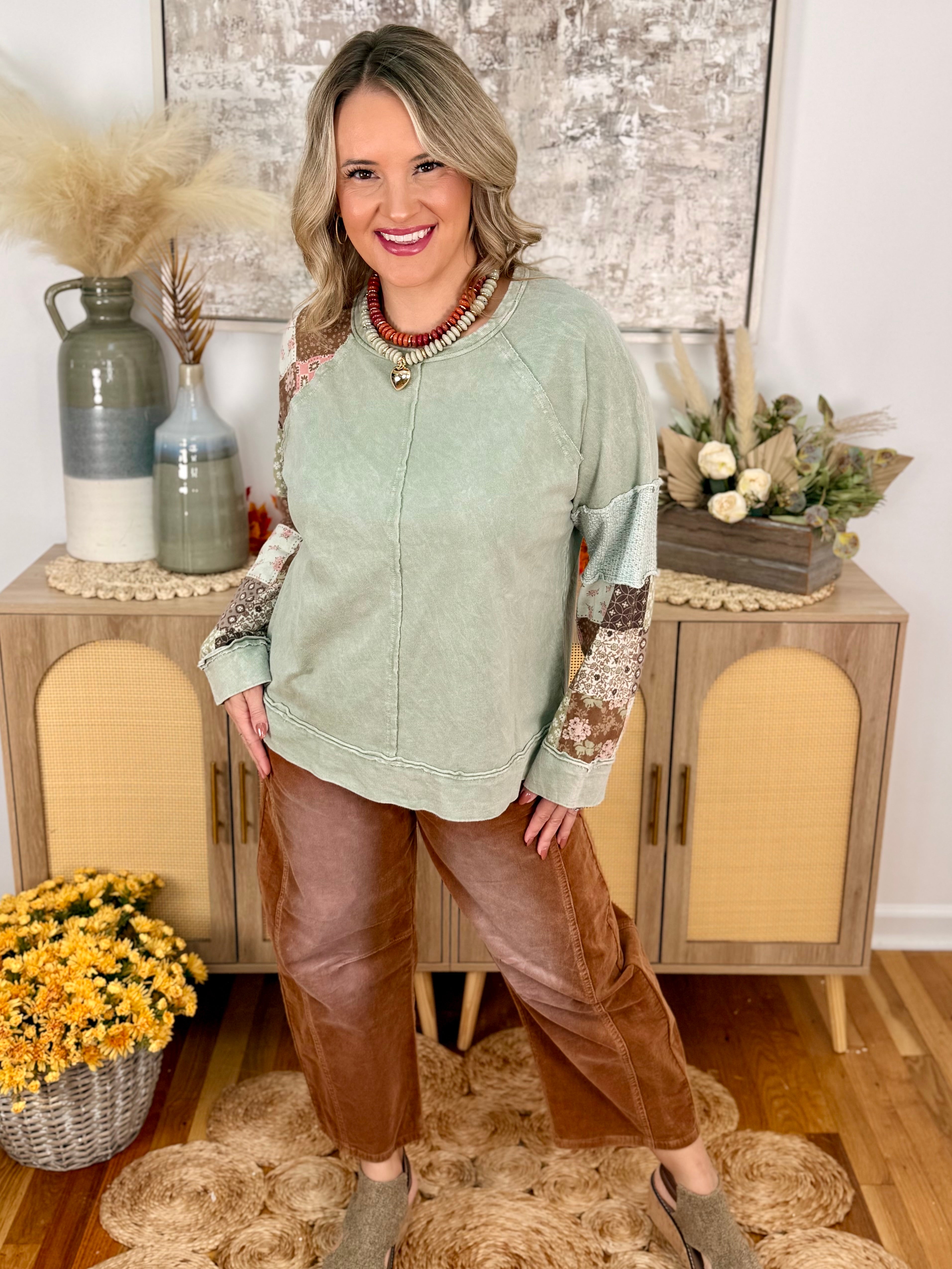 Sage & Soul Mineral Washed Patchwork Top-110 Long Sleeve Top-jHer-The Lovely Closet, Women's Fashion Boutique in Alexandria, KY
