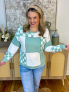FINAL SALE Checkered Spring Green Patchwork Top-110 Long Sleeve Top-7th Ray-The Lovely Closet, Women's Fashion Boutique in Alexandria, KY