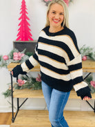 FINAL SALE - Striped With Velvet & Gold Yarn Sweater - Black-140 Sweaters-Vine & Love-The Lovely Closet, Women's Fashion Boutique in Alexandria, KY