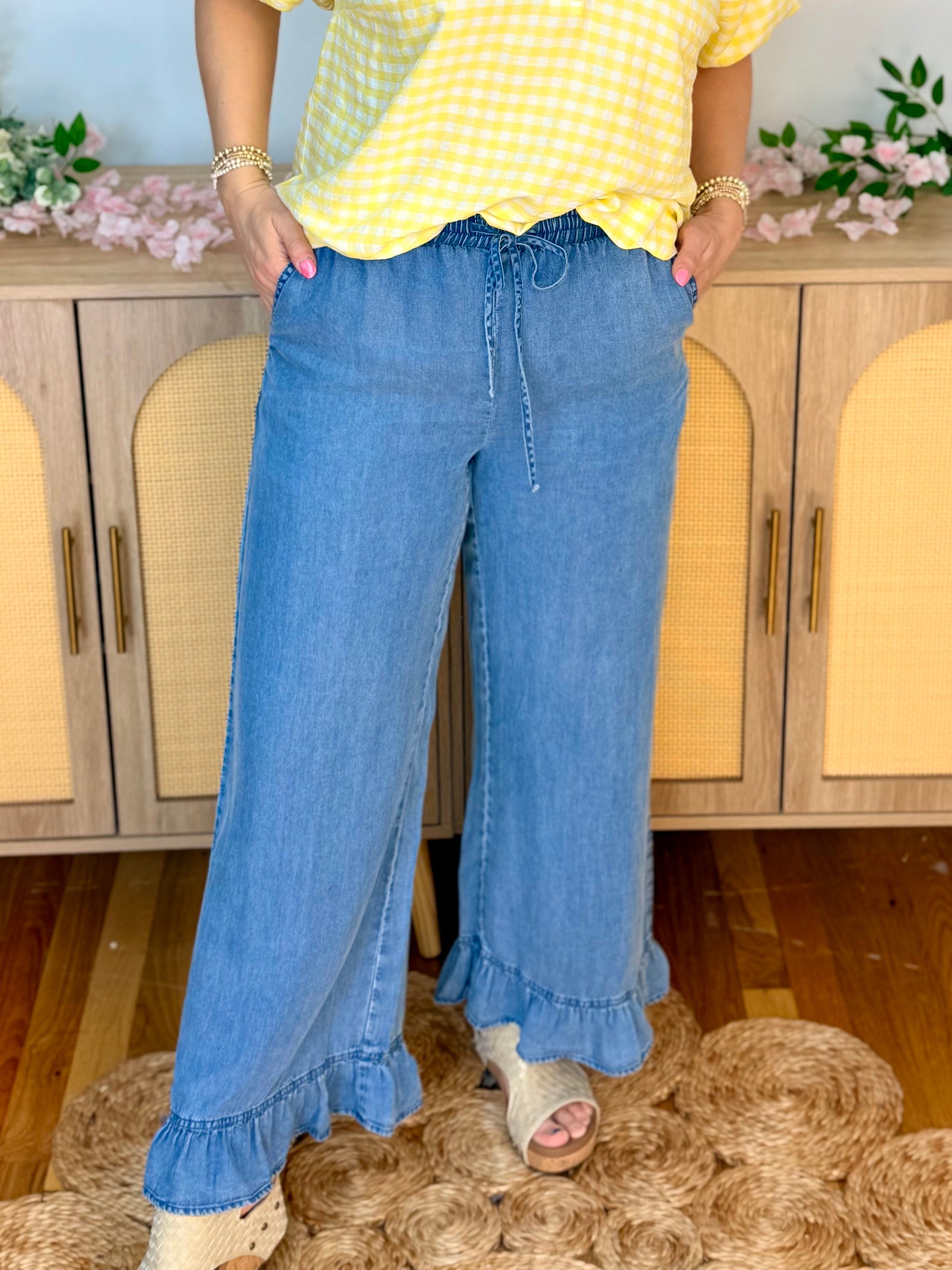 Good Days Only Denim Ruffle Pants-240 Pants-Doe and Rae-The Lovely Closet, Women's Fashion Boutique in Alexandria, KY