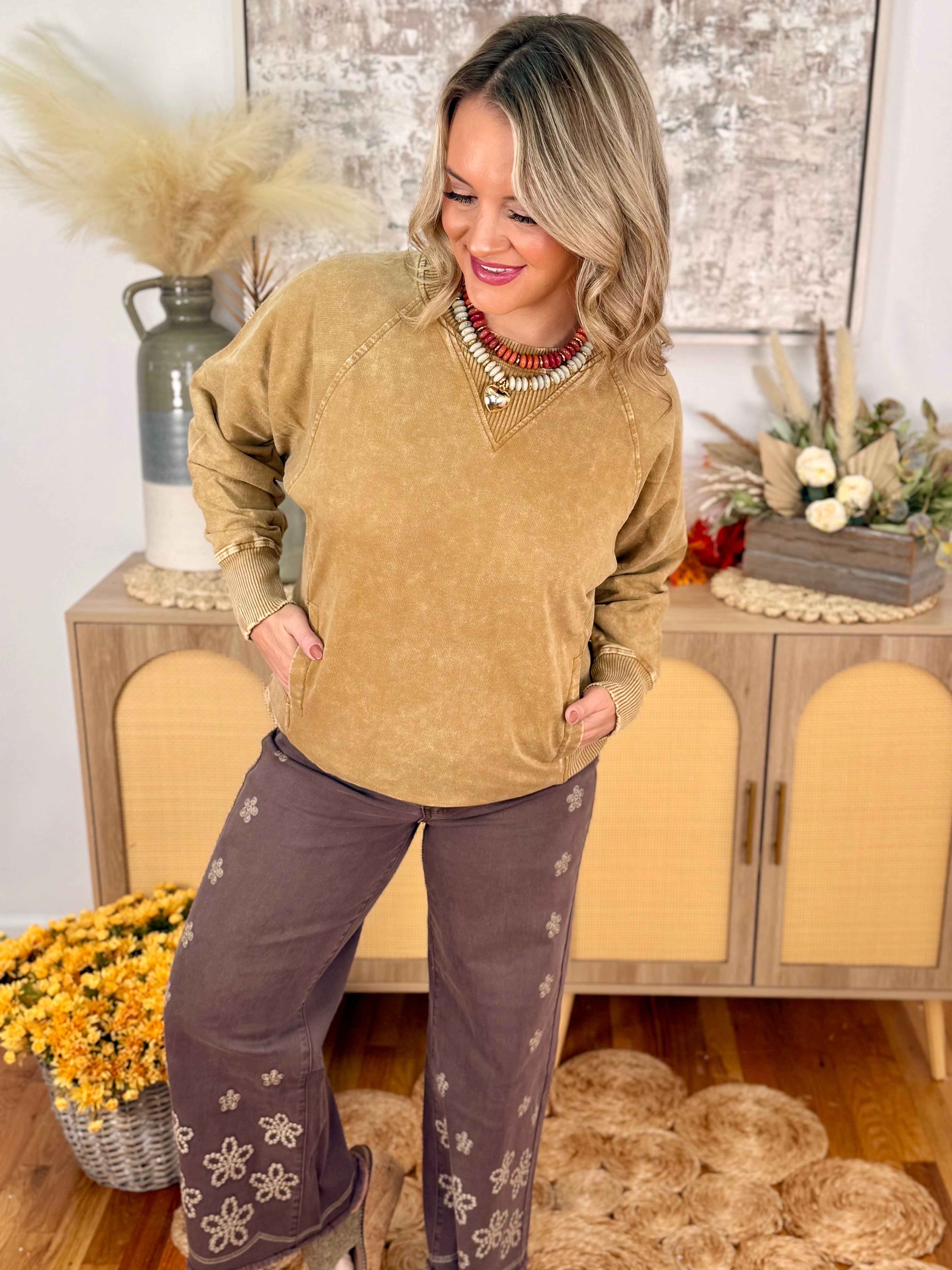 Run Around Acid Wash Pullover - Camel-150 Sweatshirts-The Lovely Closet-The Lovely Closet, Women's Fashion Boutique in Alexandria, KY