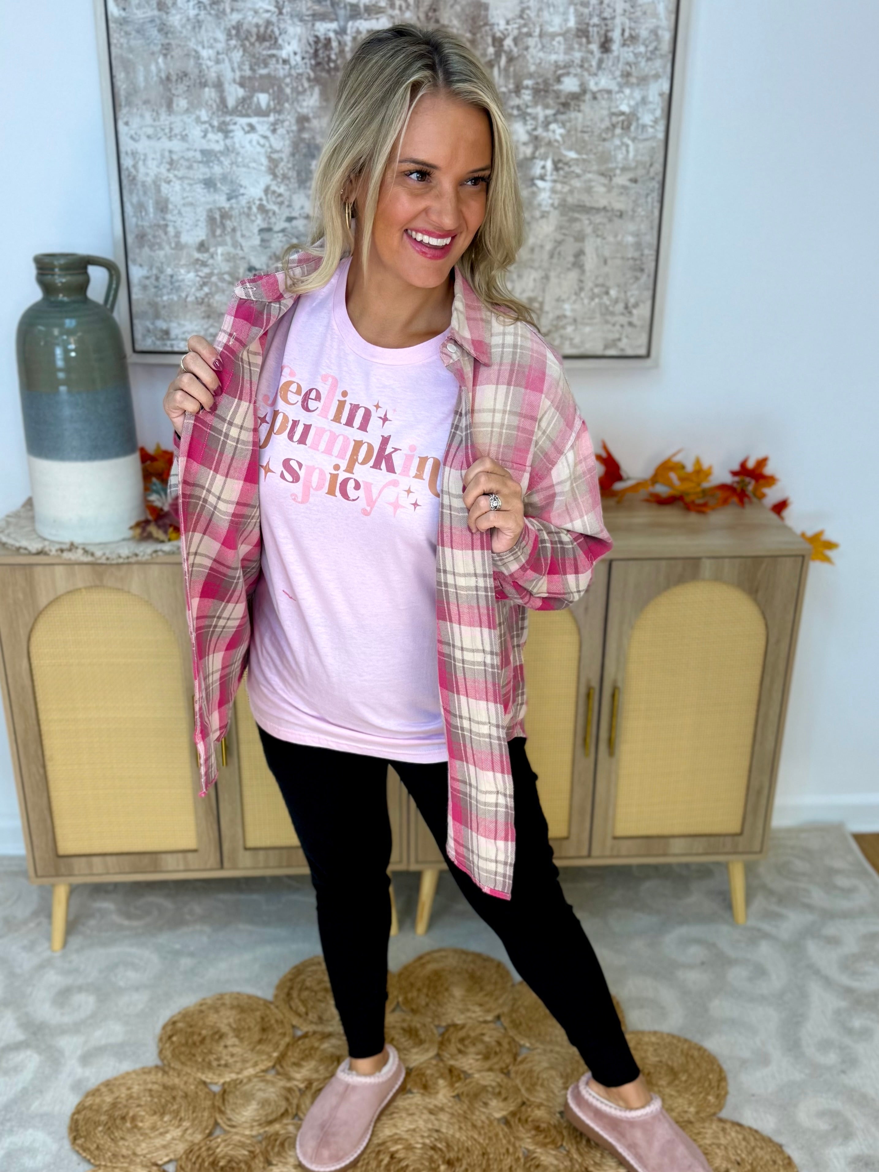 Pink Plaid Ombre Flannel Button Down-110 Long Sleeve Top-White Birch-The Lovely Closet, Women's Fashion Boutique in Alexandria, KY