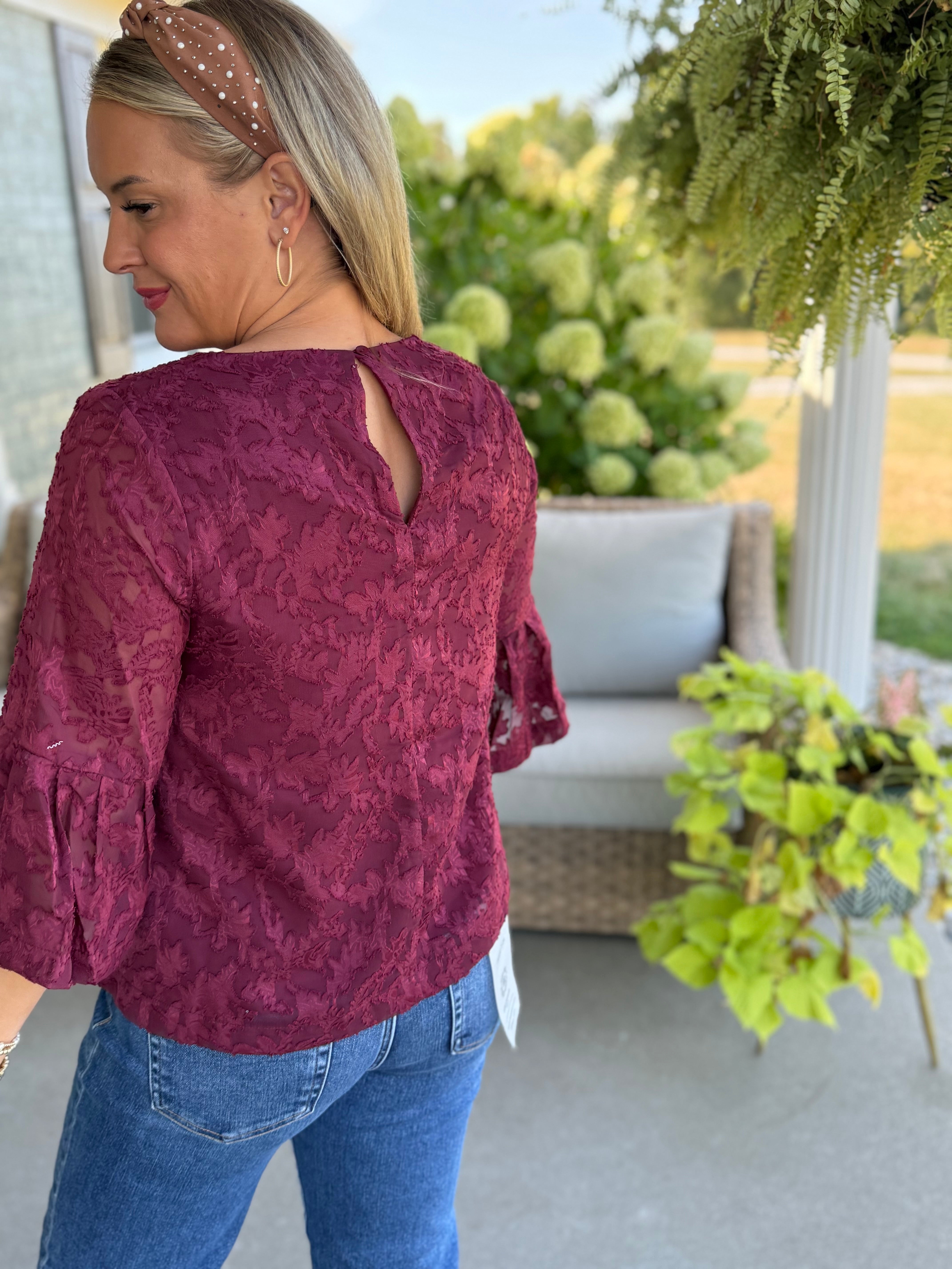 FINAL SALE- September Stroll Jacquard Bell Sleeve Chiffon Blouse-100 Short Sleeve Tops-Anniewear-The Lovely Closet, Women's Fashion Boutique in Alexandria, KY