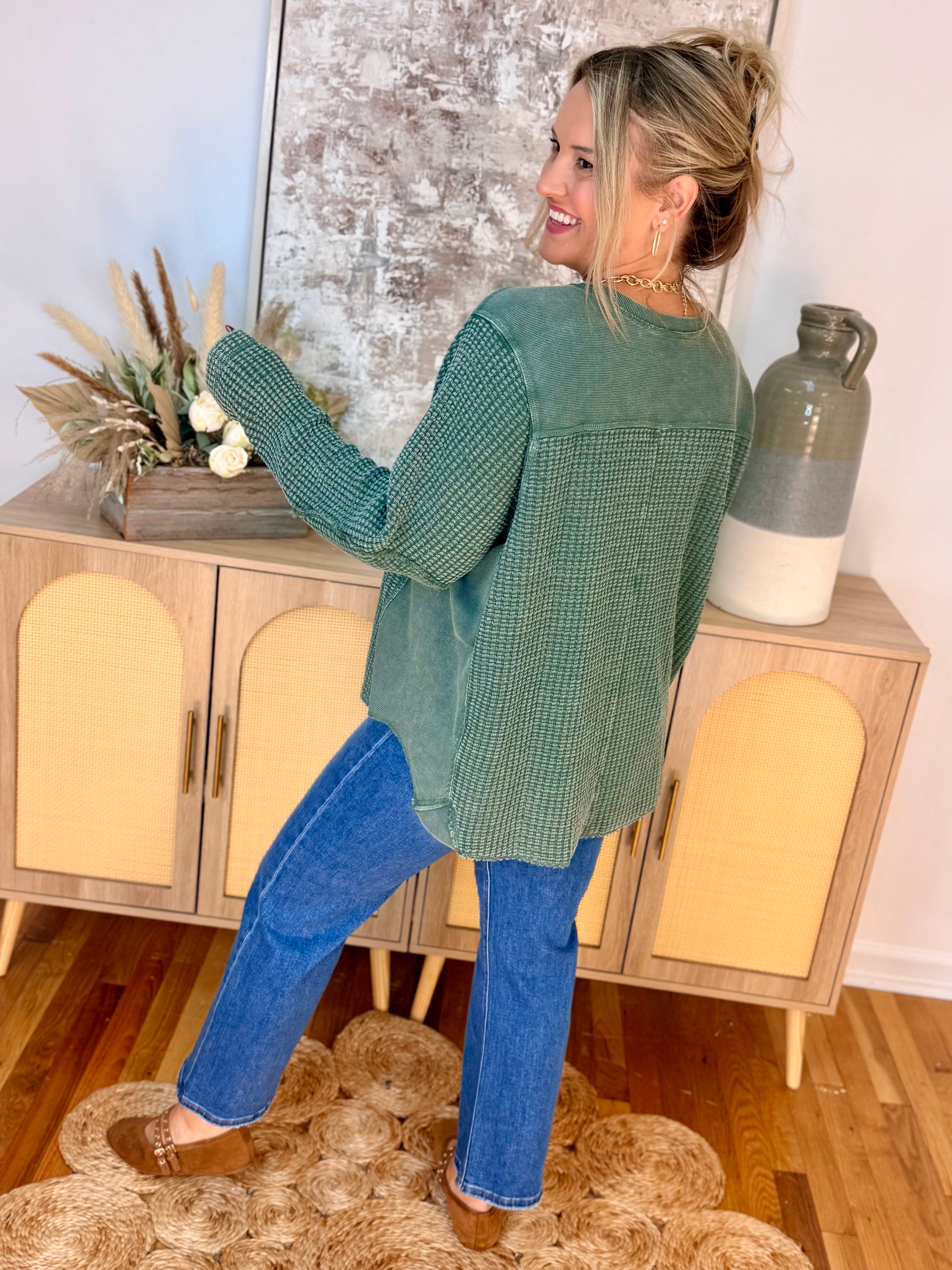 Something Extra waffle Knit Top - Pine-110 Long Sleeve Top-easel-The Lovely Closet, Women's Fashion Boutique in Alexandria, KY