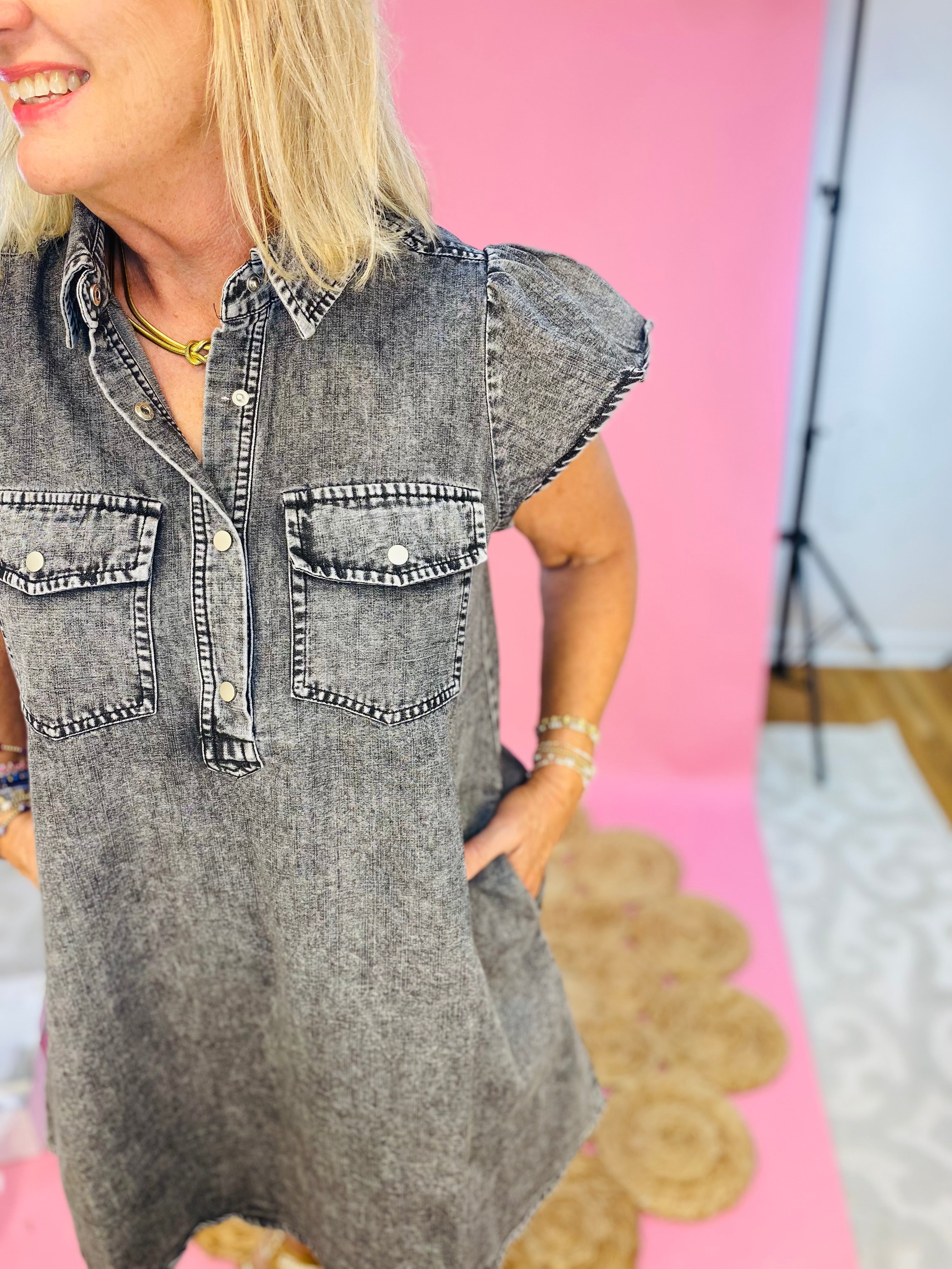Ash Denim Button Front Dress-180 Dresses-Sage + Fig-The Lovely Closet, Women's Fashion Boutique in Alexandria, KY