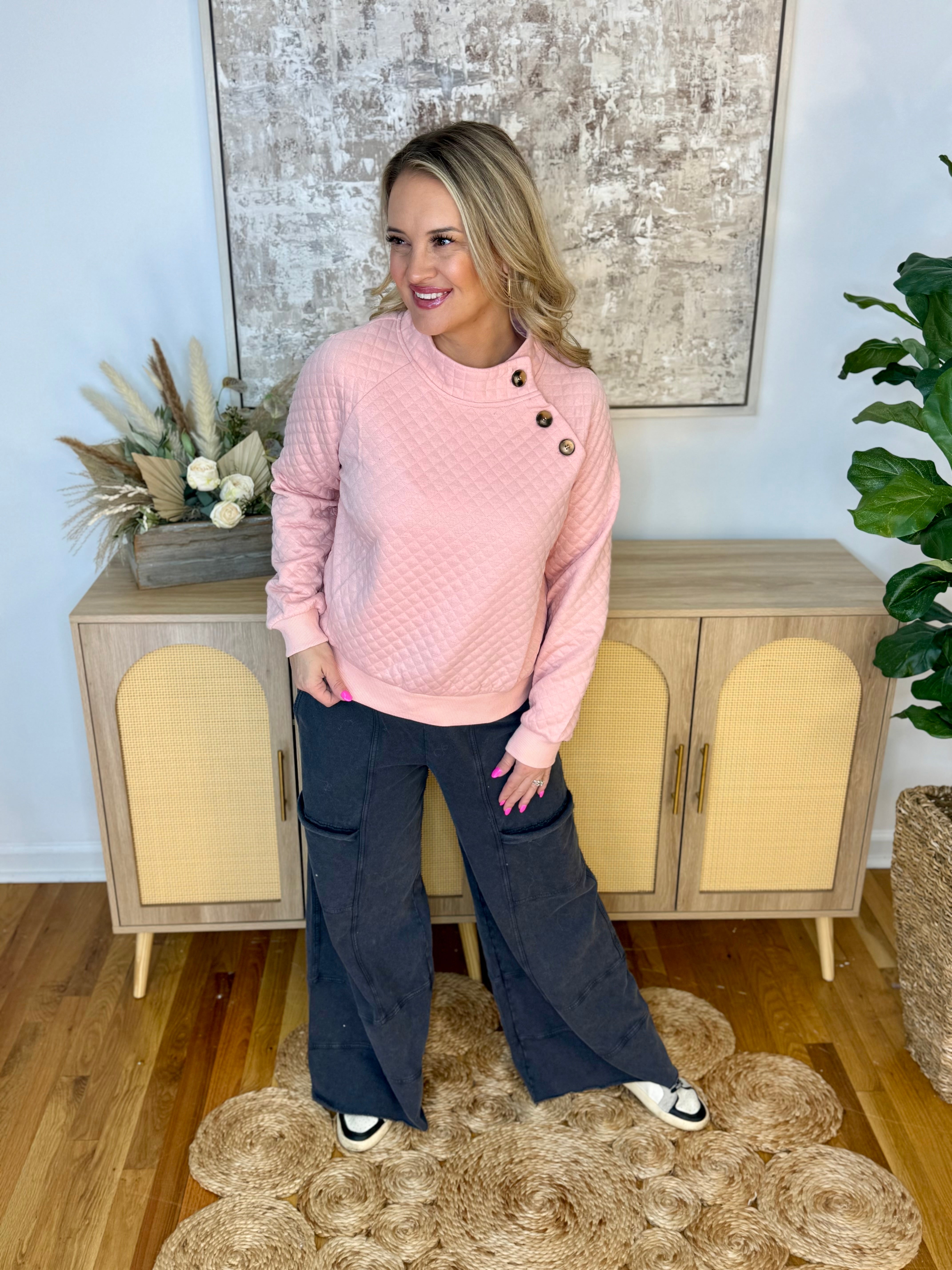 Winter Bliss Quilted Pullover - Blush-150 Sweatshirts-Doe and Rae-The Lovely Closet, Women's Fashion Boutique in Alexandria, KY