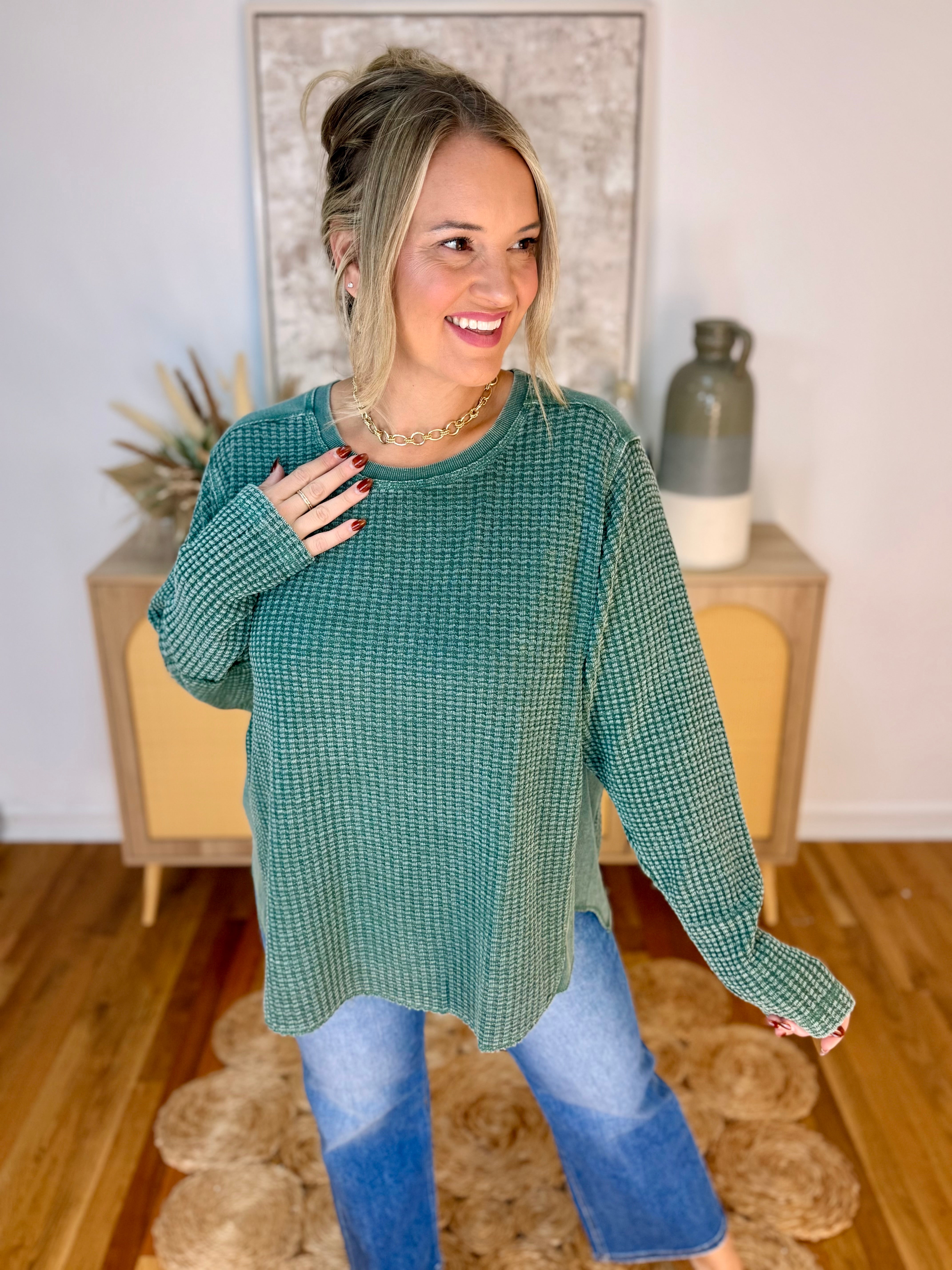 Something Extra waffle Knit Top - Pine-110 Long Sleeve Top-easel-The Lovely Closet, Women's Fashion Boutique in Alexandria, KY