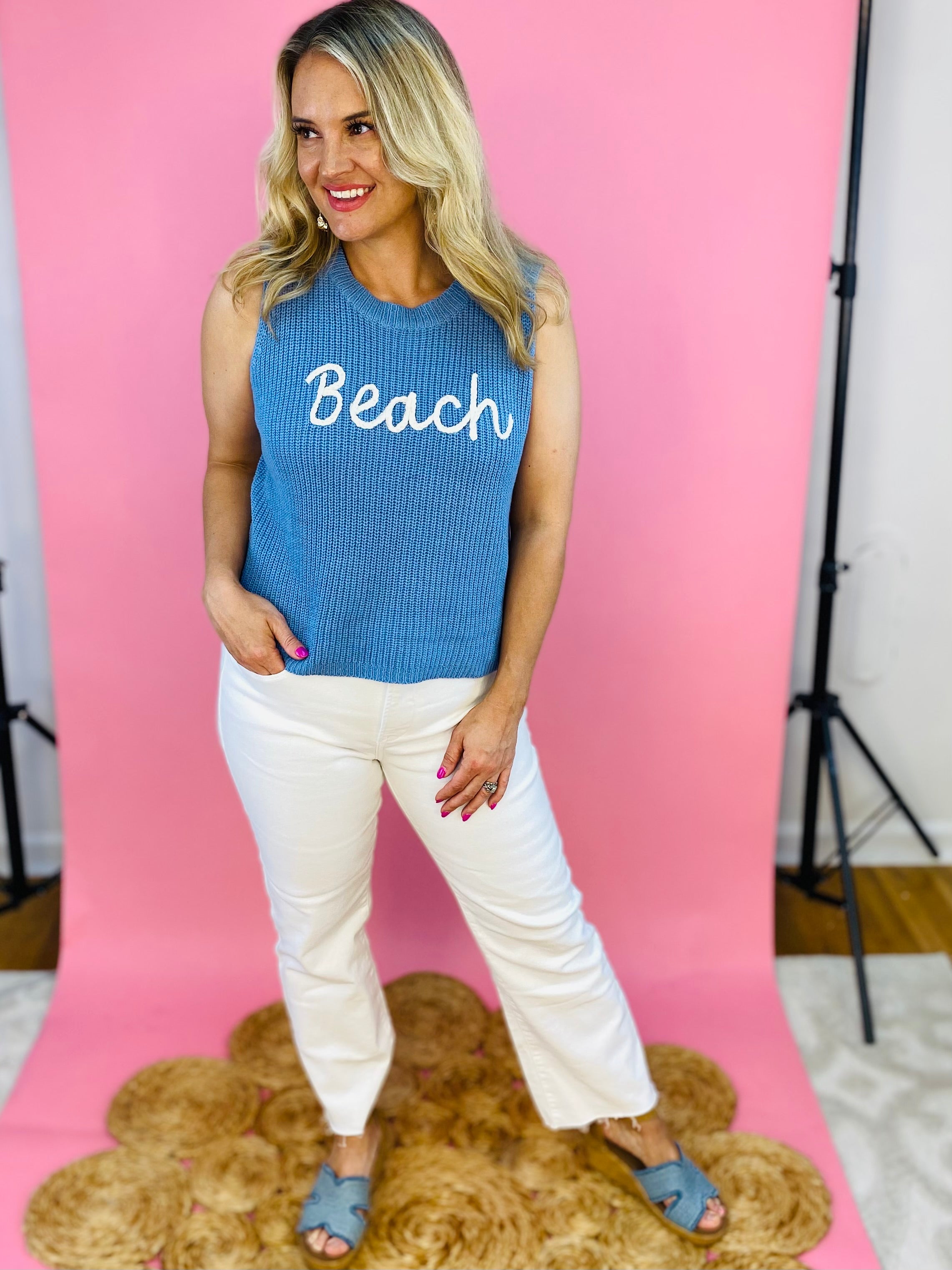 To The Beach! Tank - Blue-120 Sleeveless Tops-Doe and Rae-The Lovely Closet, Women's Fashion Boutique in Alexandria, KY