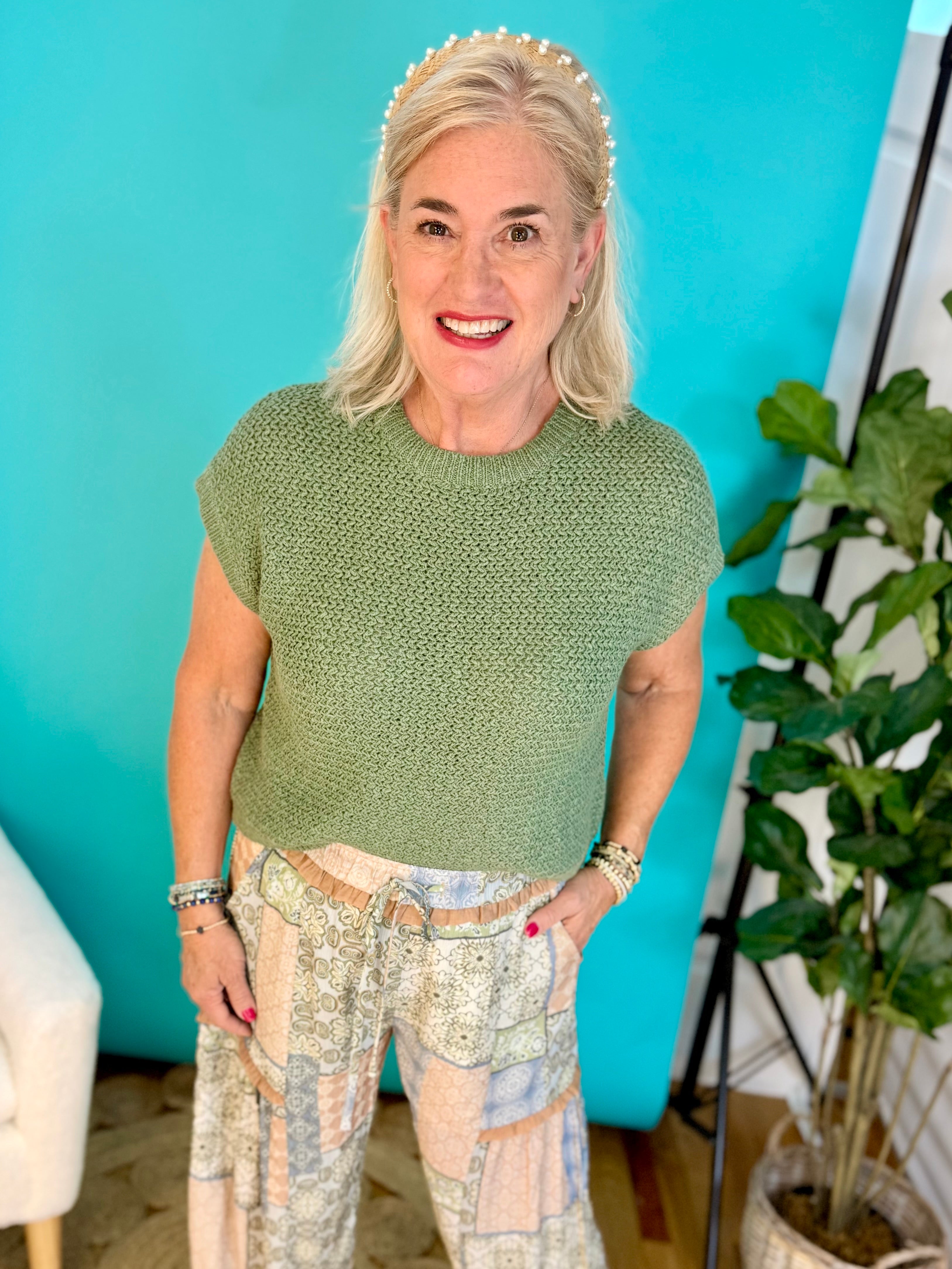 Cap Sleeve Knit Top - Sage-120 Sleeveless Tops-eesome-The Lovely Closet, Women's Fashion Boutique in Alexandria, KY