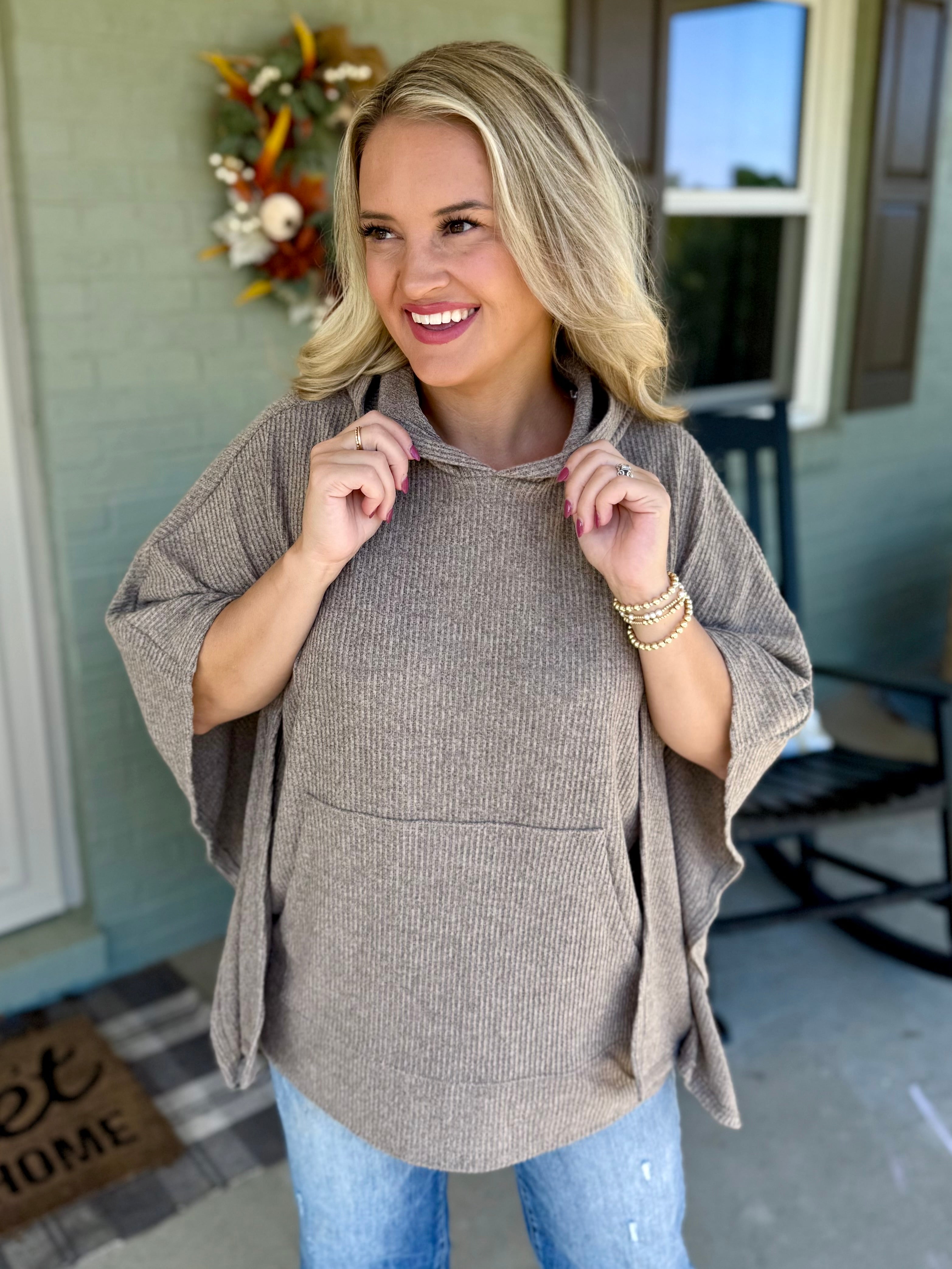 Ribbed Knit Poncho Top - Stone-170 Jackets/Outerwear-Dear Scarlett-The Lovely Closet, Women's Fashion Boutique in Alexandria, KY