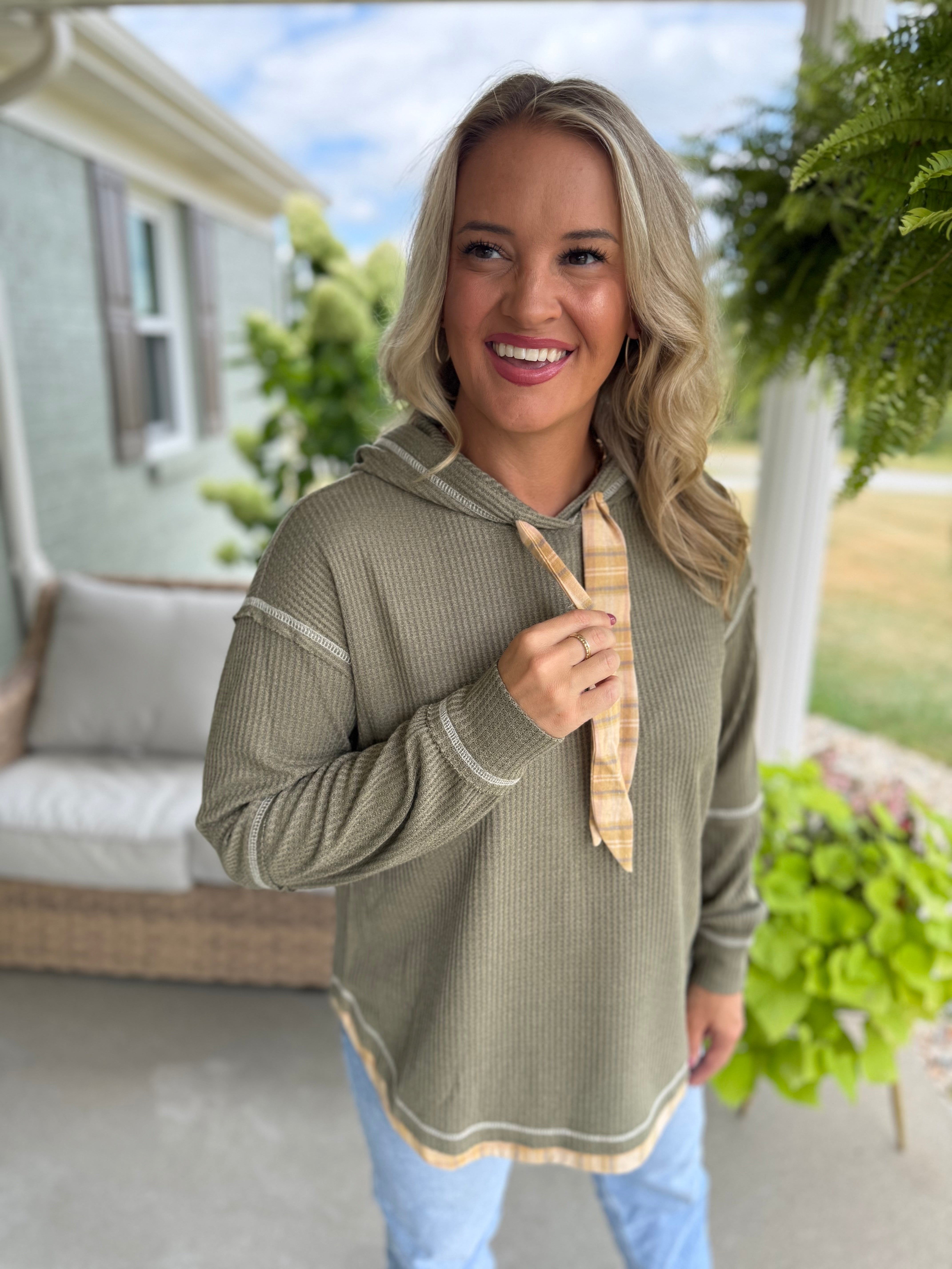WAFFLE KNIT PLAID DETAIL HOODED PULLOVER-110 Long Sleeve Top-Doe and Rae-The Lovely Closet, Women's Fashion Boutique in Alexandria, KY