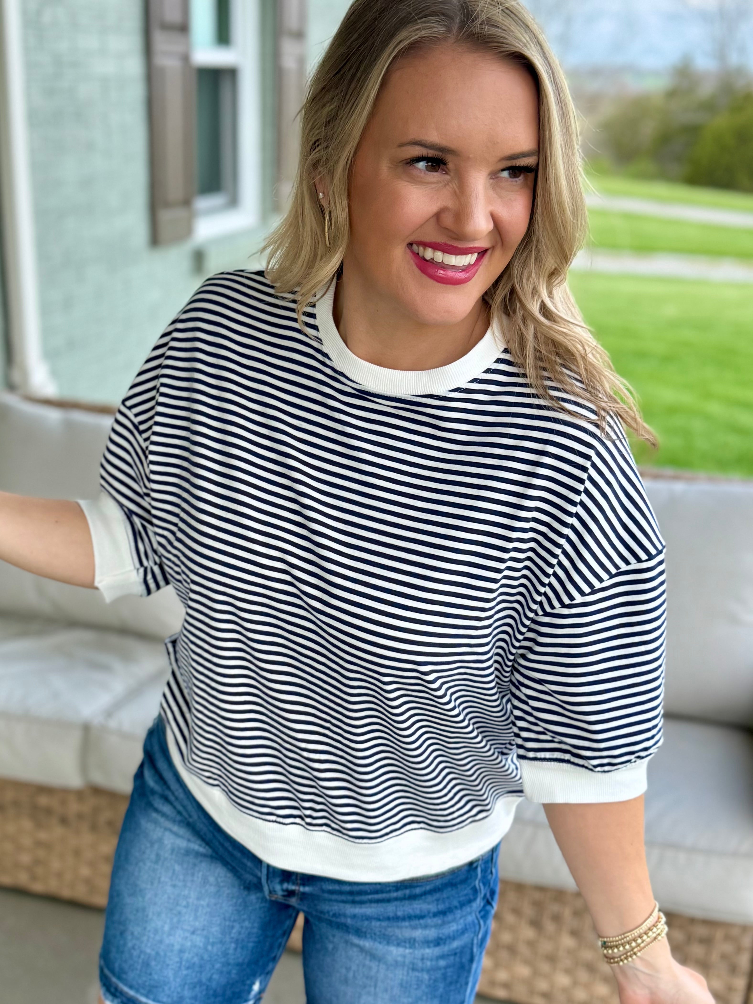 Simply Spring Striped Top - Navy-100 Short Sleeve Tops-zenana-The Lovely Closet, Women's Fashion Boutique in Alexandria, KY