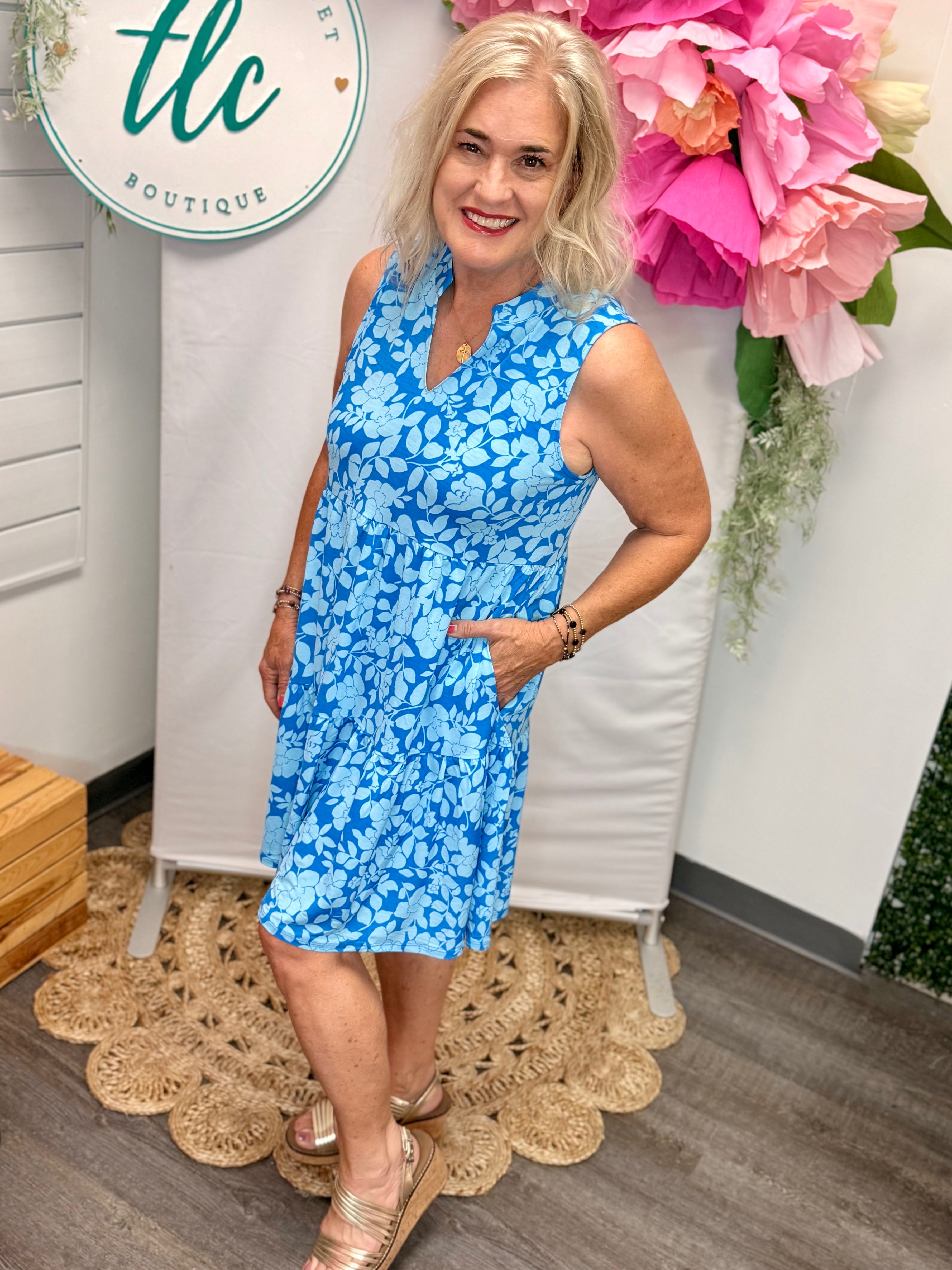 Coastal Blue Floral Lizzy Dress-180 Dresses-Dear Scarlett-The Lovely Closet, Women's Fashion Boutique in Alexandria, KY