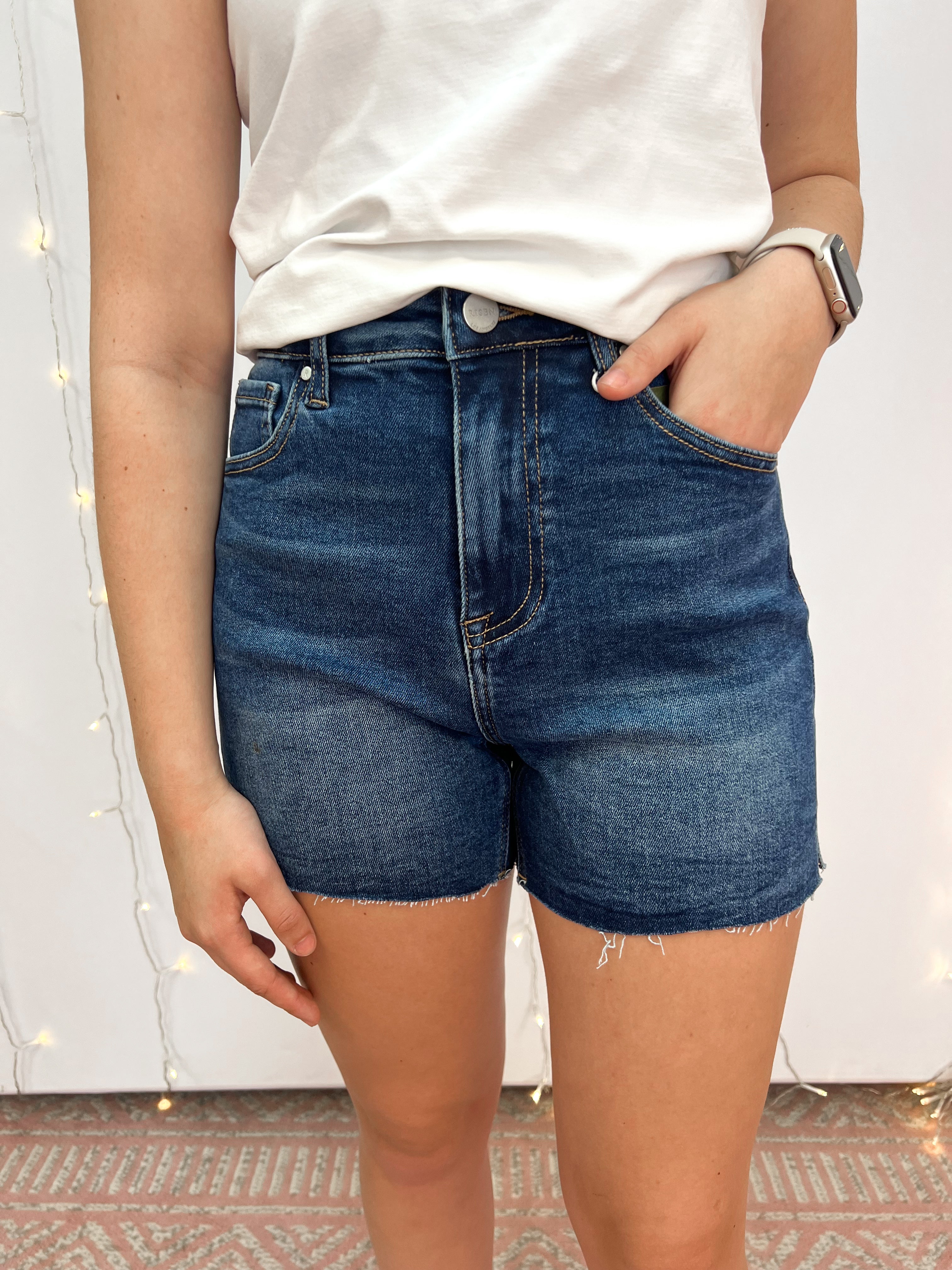 Risen Jeans High Rise Distressed Mid Thigh Shorts