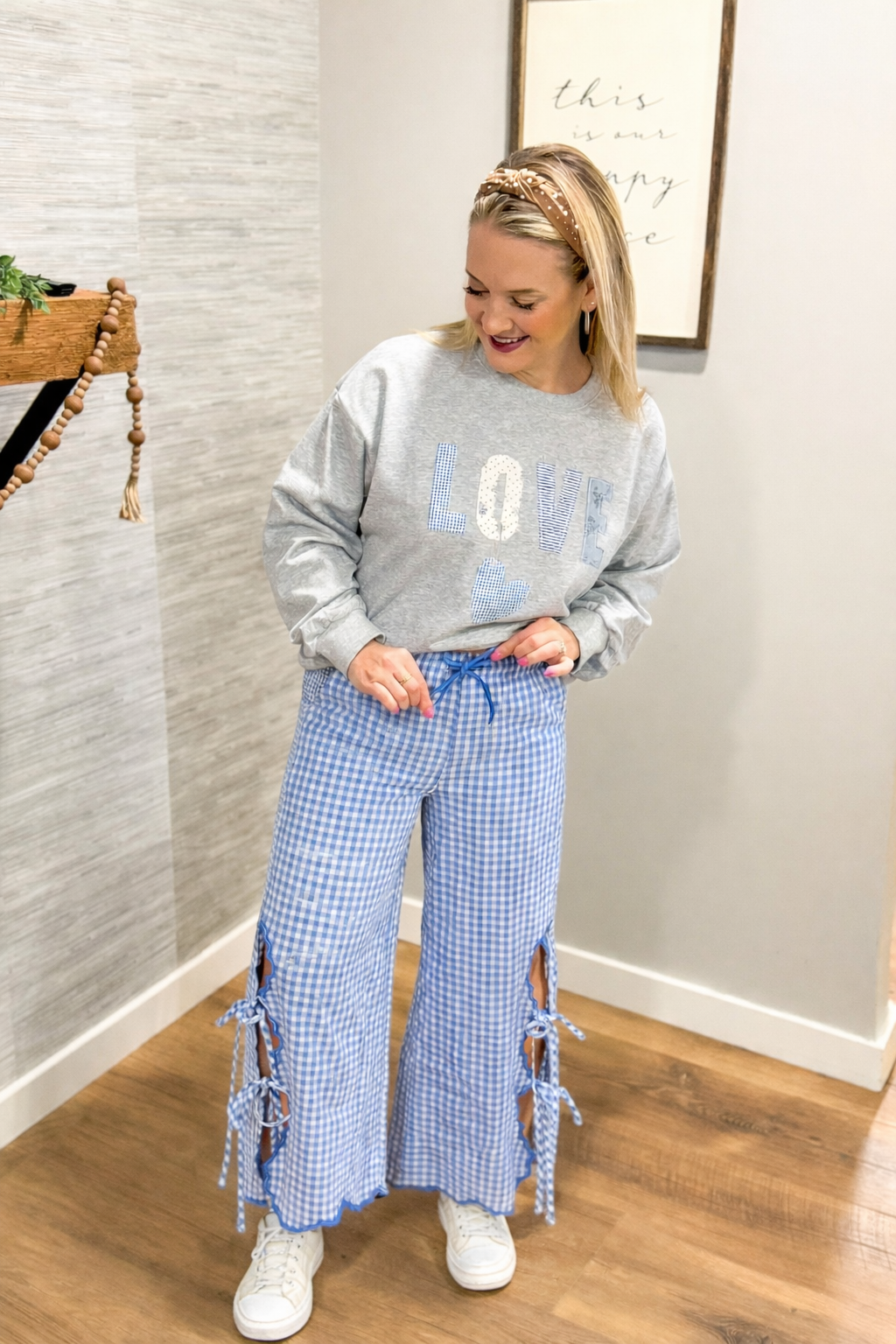 Blue Gingham Wide Leg Pant w/ Ties-240 Pants-Allie Rose-The Lovely Closet, Women's Fashion Boutique in Alexandria, KY