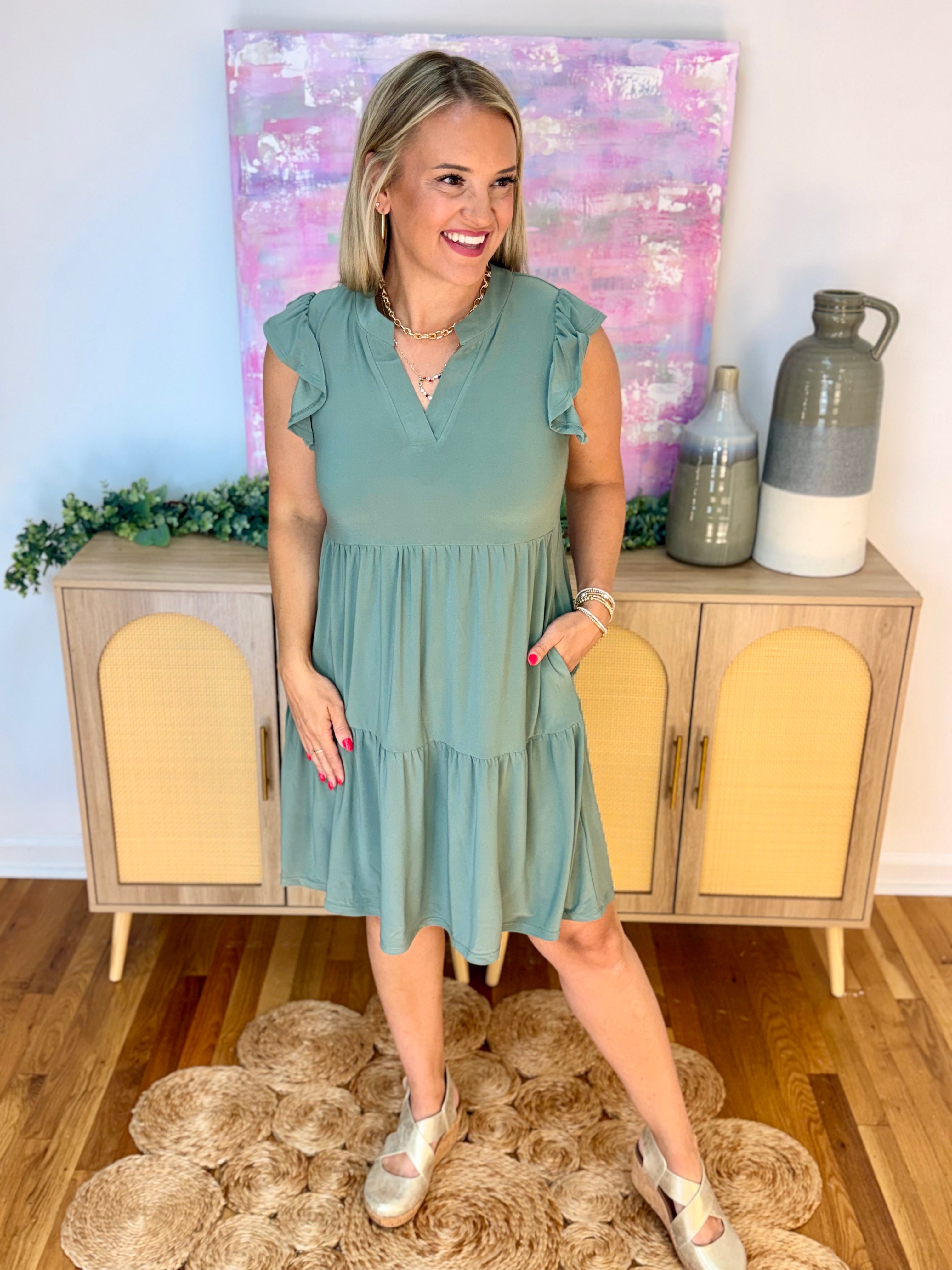 Flutter Sleeve Tiered Dress - Pistachio-180 Dresses-Dear Scarlett-The Lovely Closet, Women's Fashion Boutique in Alexandria, KY