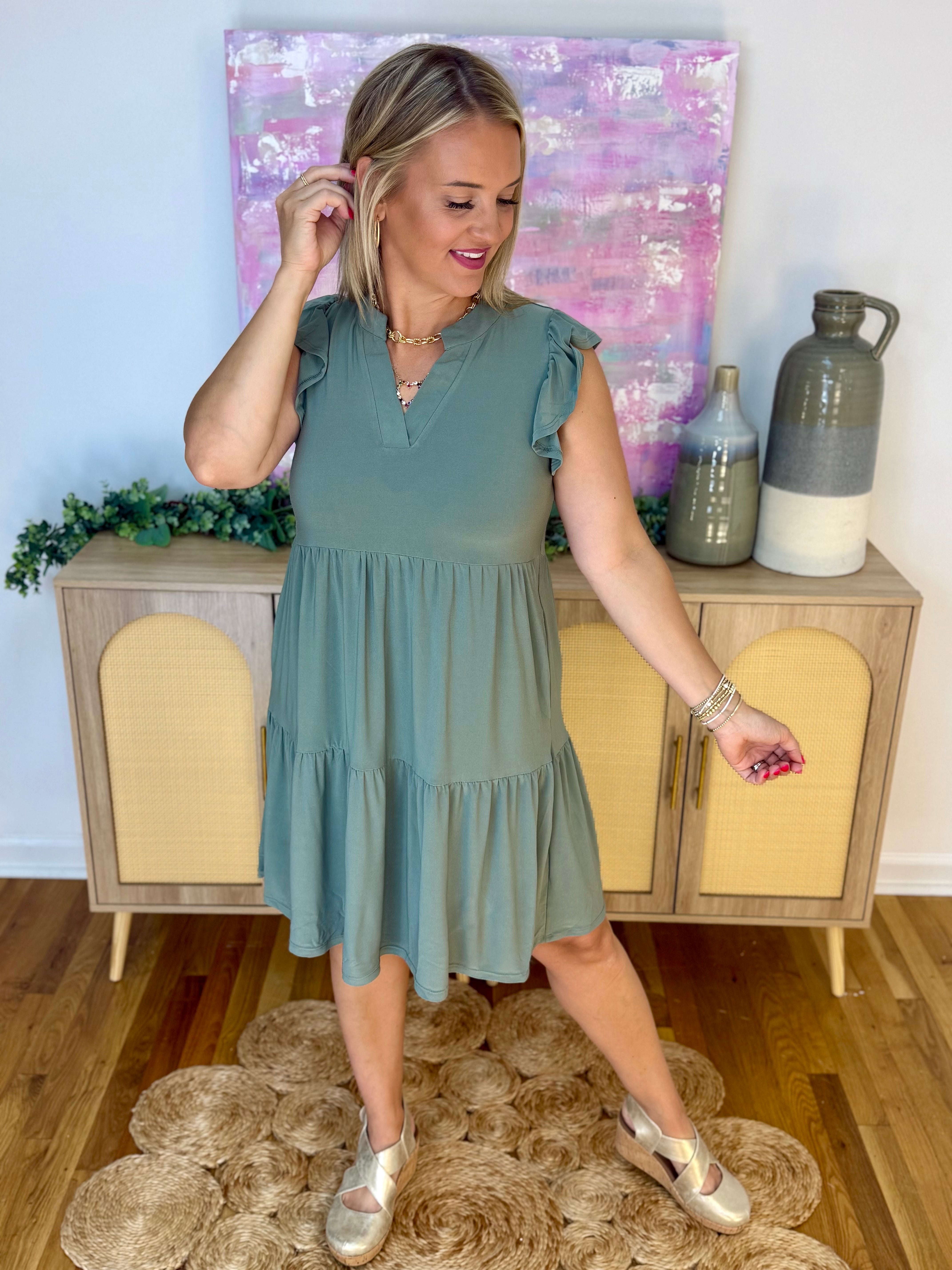 Flutter Sleeve Tiered Dress - Pistachio-180 Dresses-Dear Scarlett-The Lovely Closet, Women's Fashion Boutique in Alexandria, KY