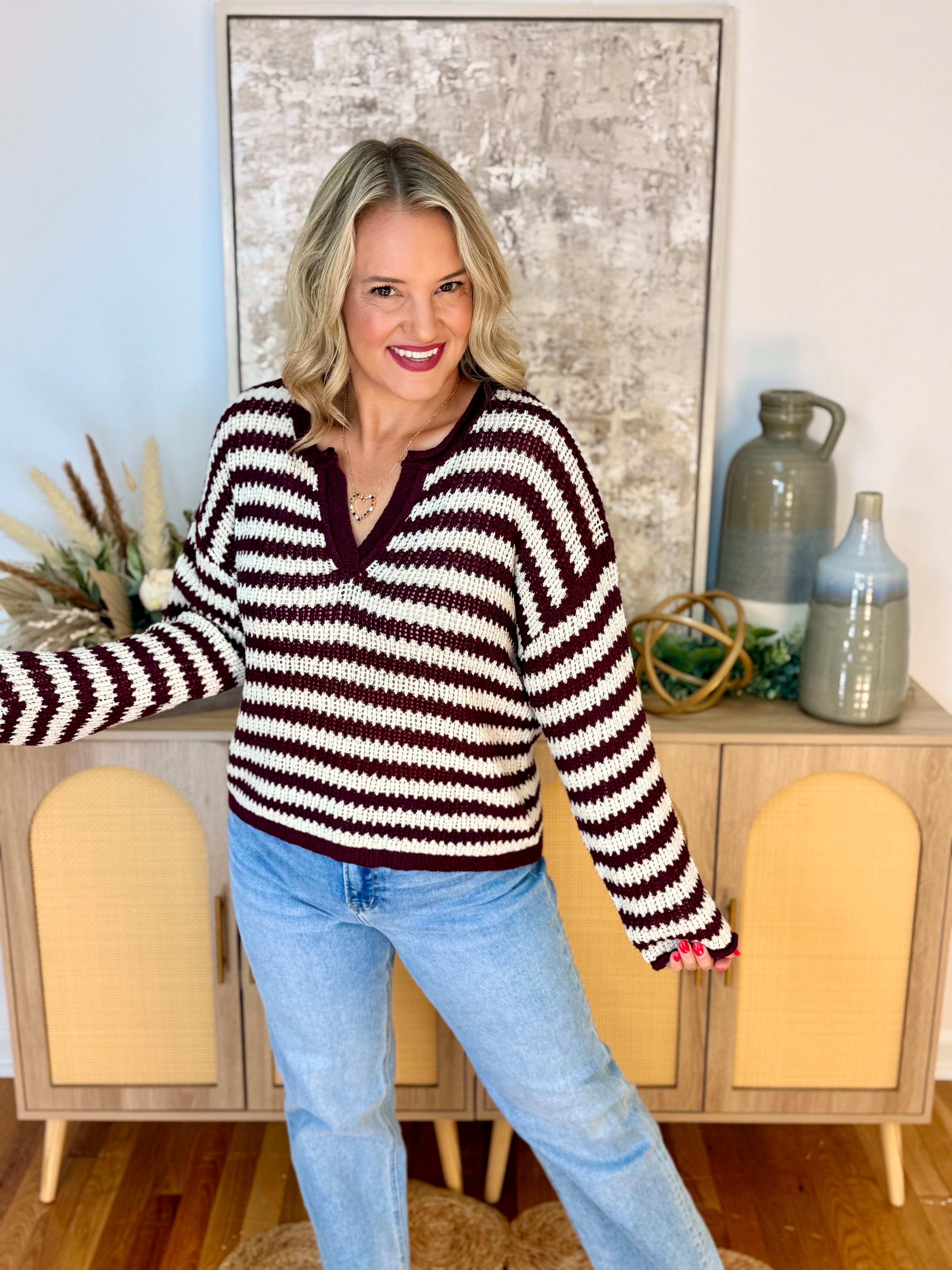 Scenic Route Striped Sweater - Burgundy-140 Sweaters-Blu Pepper-The Lovely Closet, Women's Fashion Boutique in Alexandria, KY
