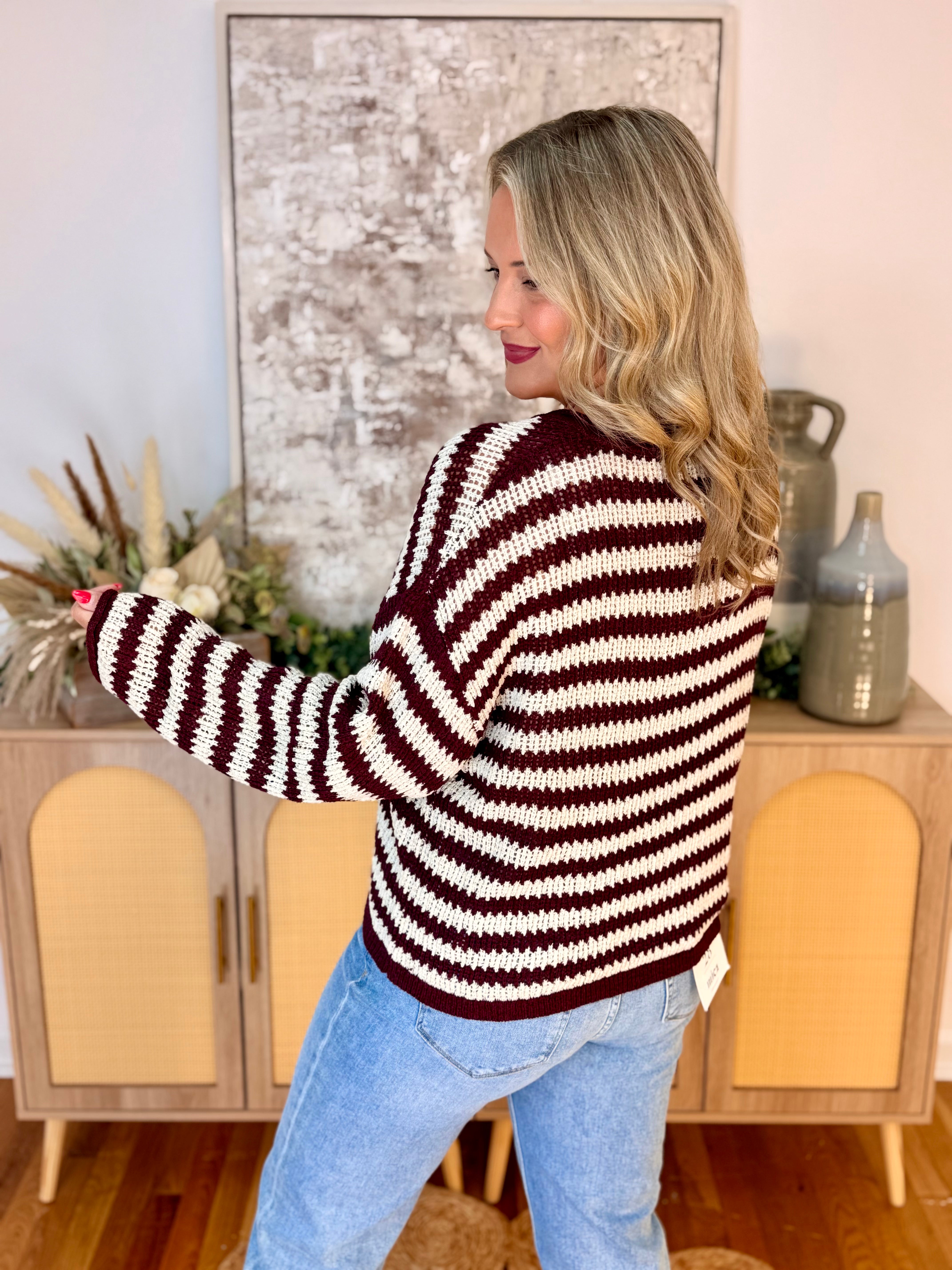 Scenic Route Striped Sweater - Burgundy-140 Sweaters-Blu Pepper-The Lovely Closet, Women's Fashion Boutique in Alexandria, KY