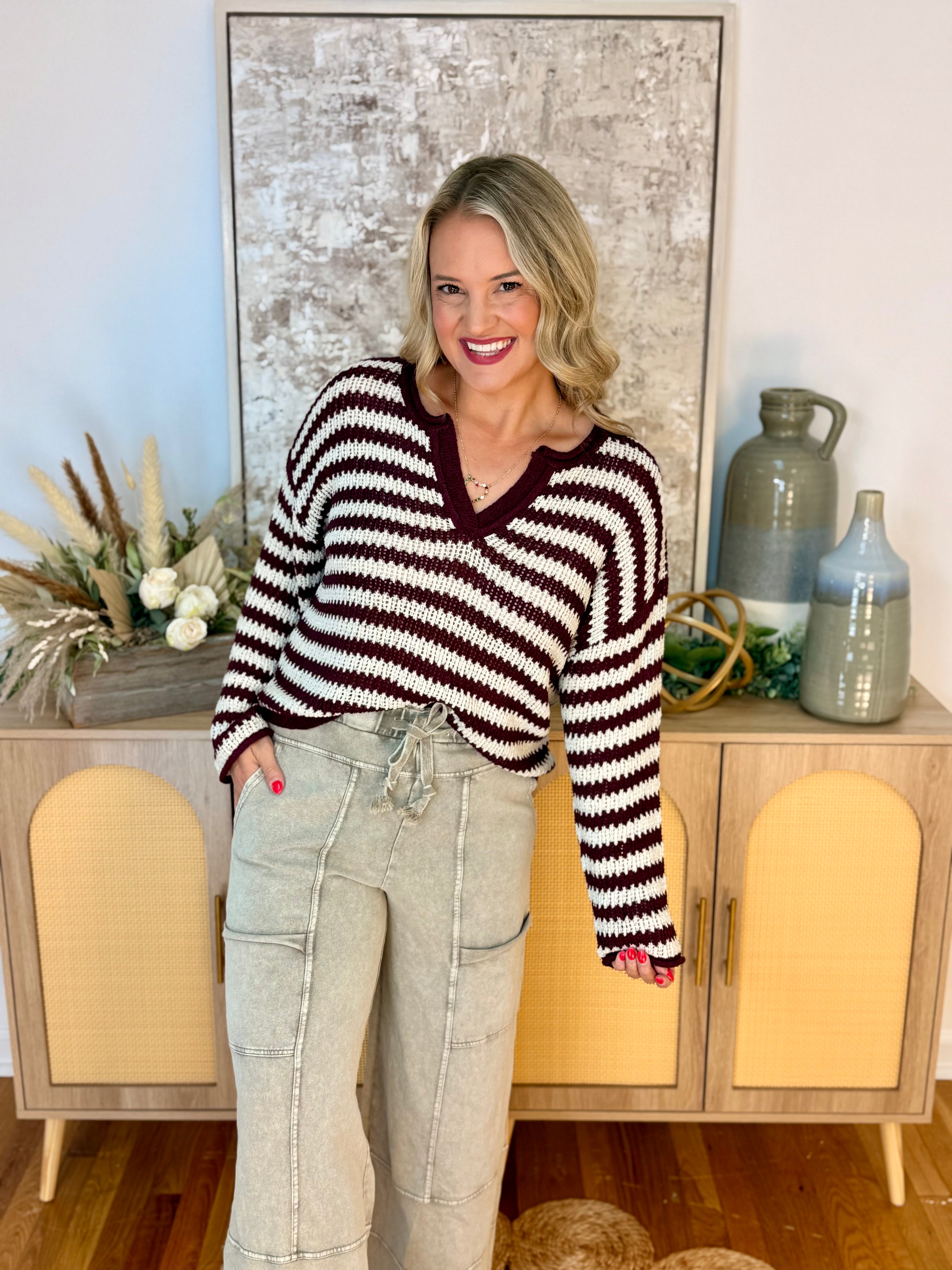 Scenic Route Striped Sweater - Burgundy-140 Sweaters-Blu Pepper-The Lovely Closet, Women's Fashion Boutique in Alexandria, KY