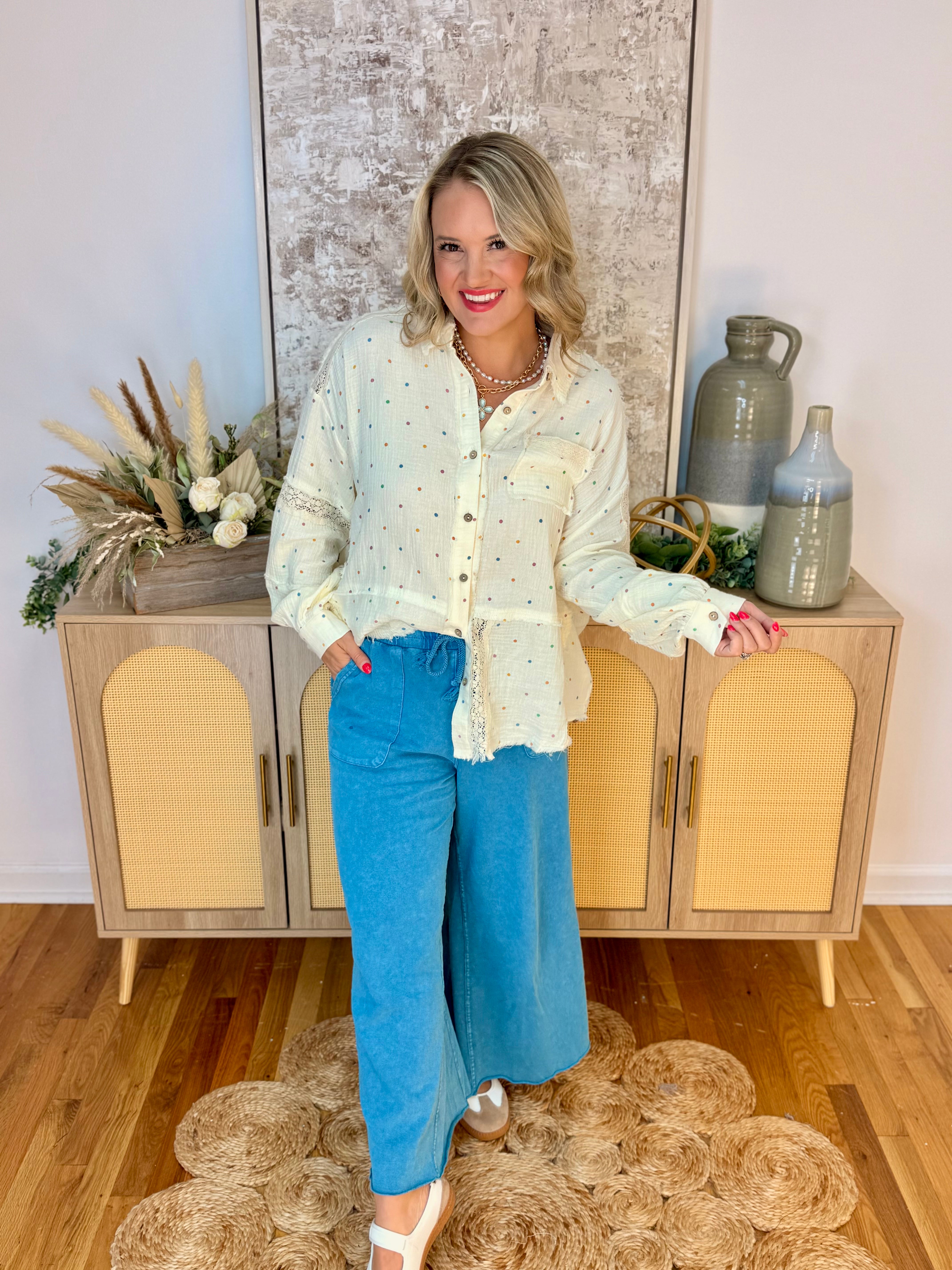 Cutting Class Polka Dot Button Down-110 Long Sleeve Top-The Lovely Closet-The Lovely Closet, Women's Fashion Boutique in Alexandria, KY