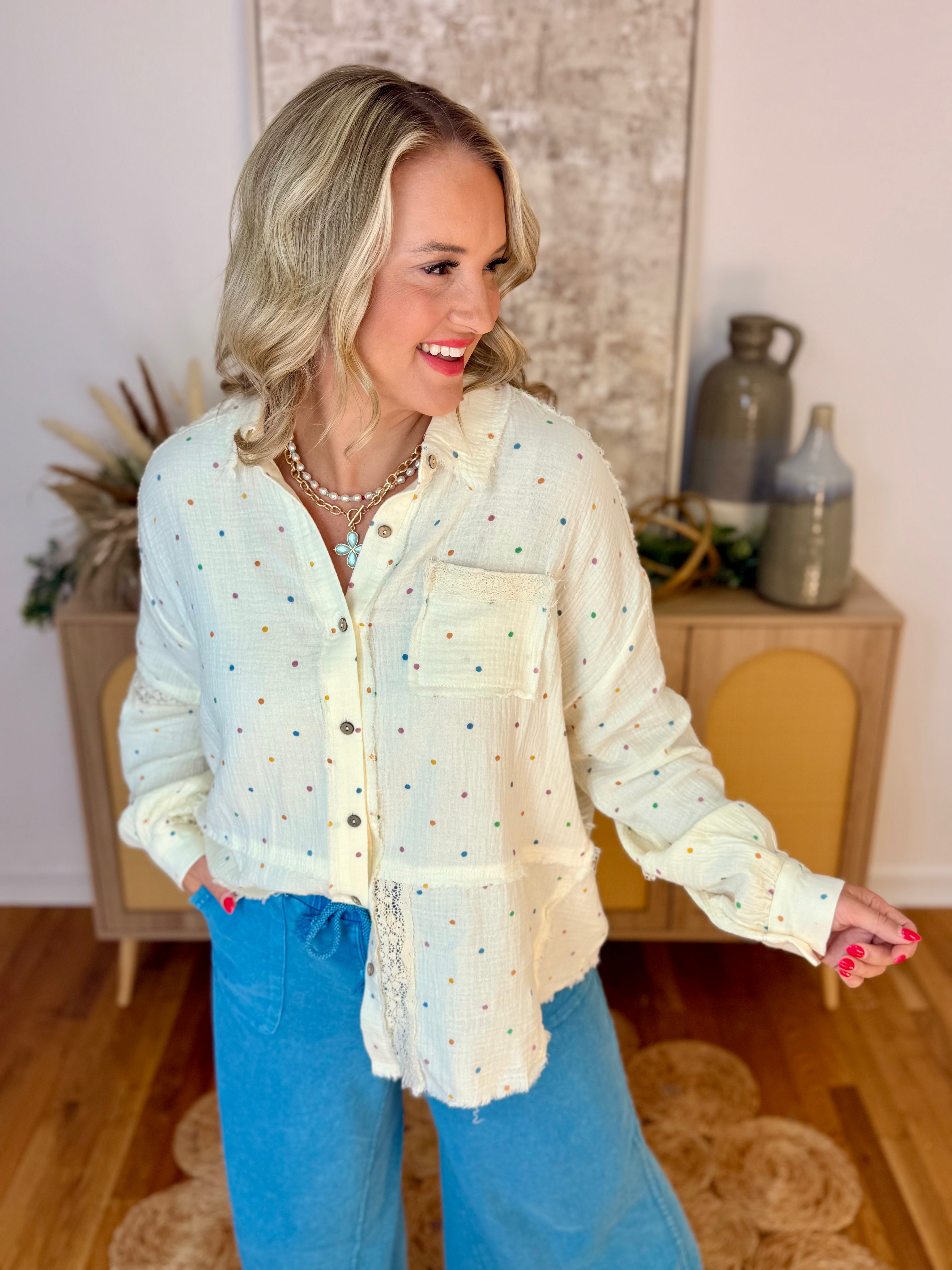 Cutting Class Polka Dot Button Down-110 Long Sleeve Top-The Lovely Closet-The Lovely Closet, Women's Fashion Boutique in Alexandria, KY