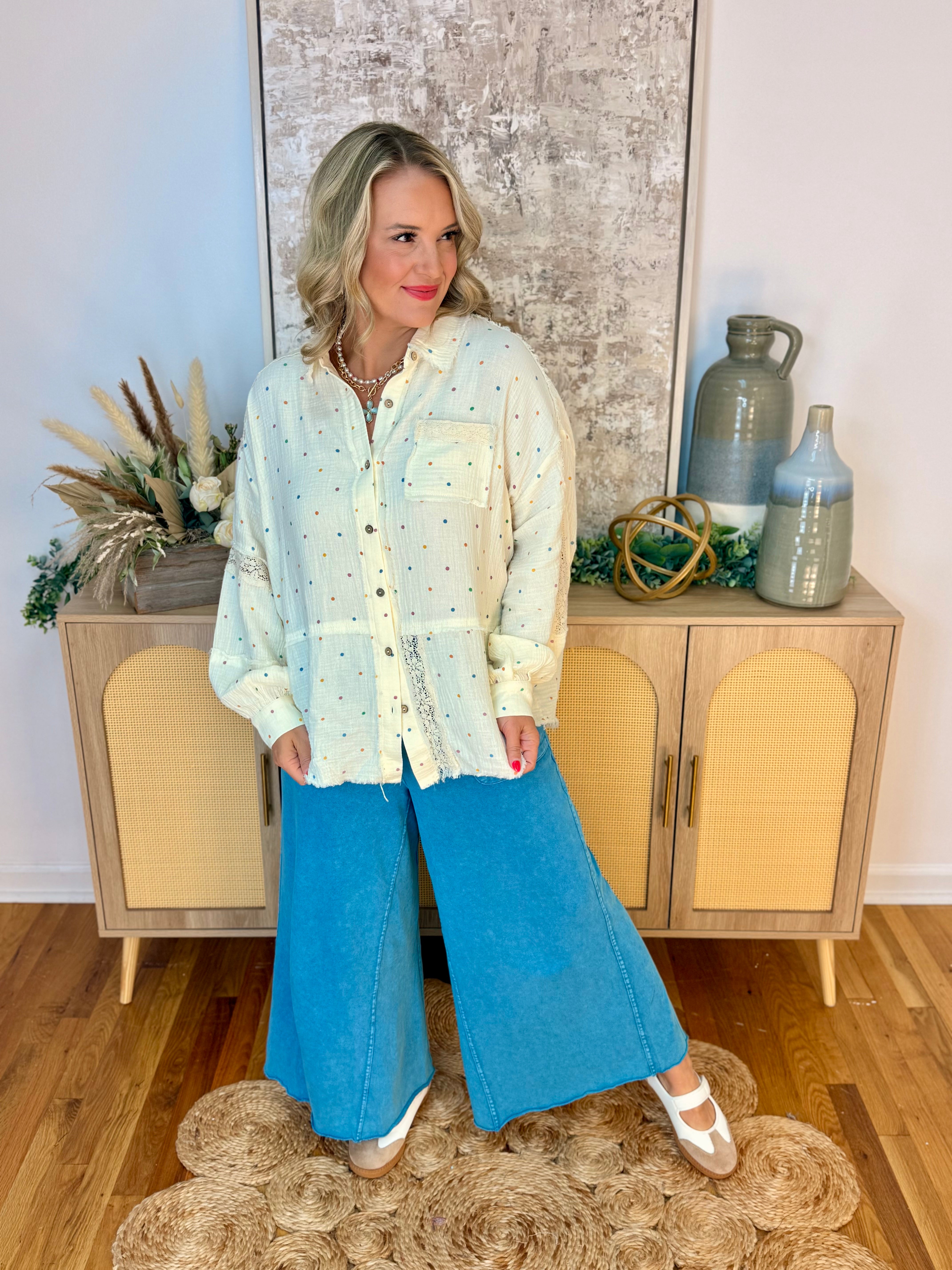 Cutting Class Polka Dot Button Down-110 Long Sleeve Top-The Lovely Closet-The Lovely Closet, Women's Fashion Boutique in Alexandria, KY