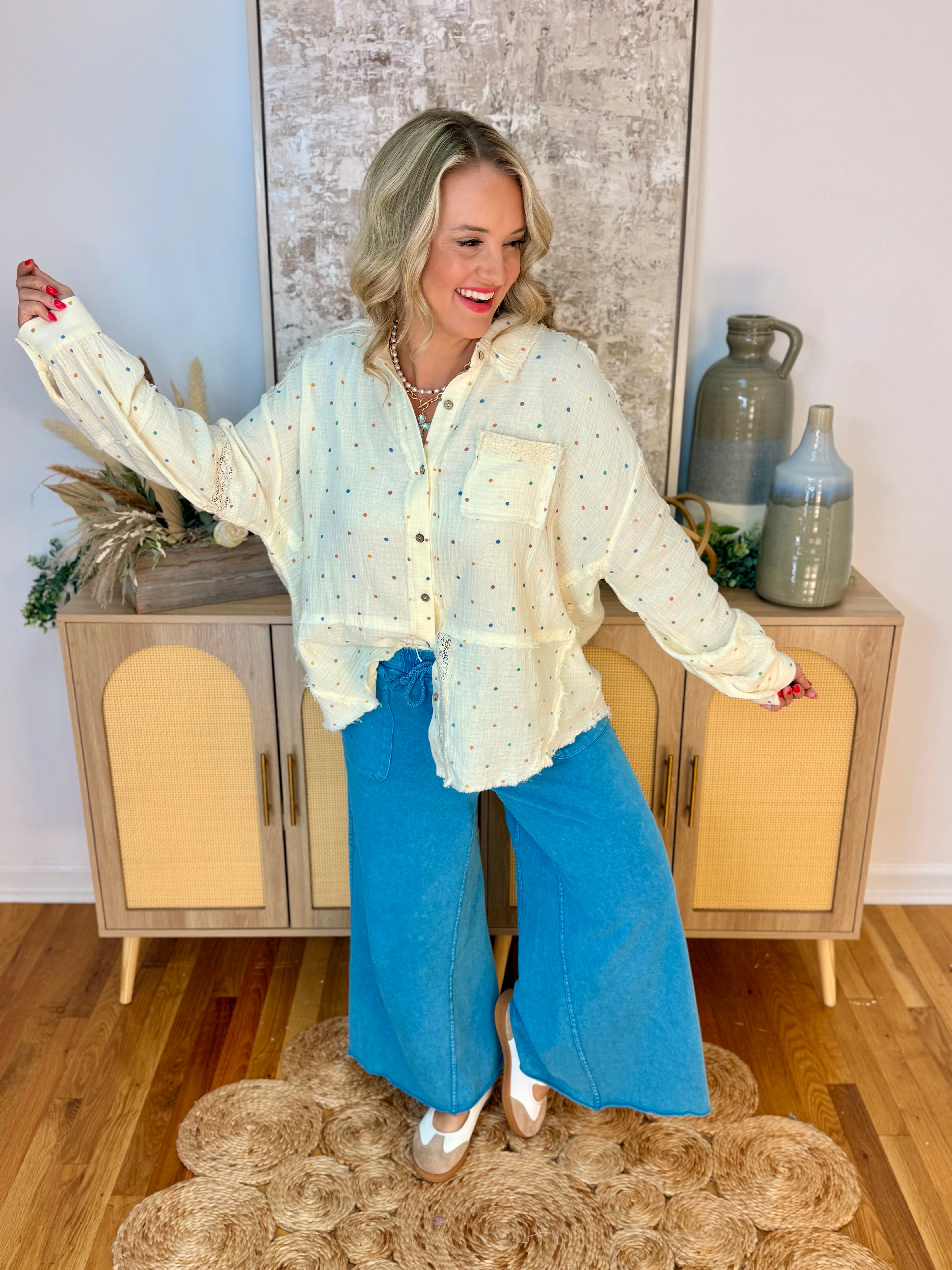 Cutting Class Polka Dot Button Down-110 Long Sleeve Top-The Lovely Closet-The Lovely Closet, Women's Fashion Boutique in Alexandria, KY